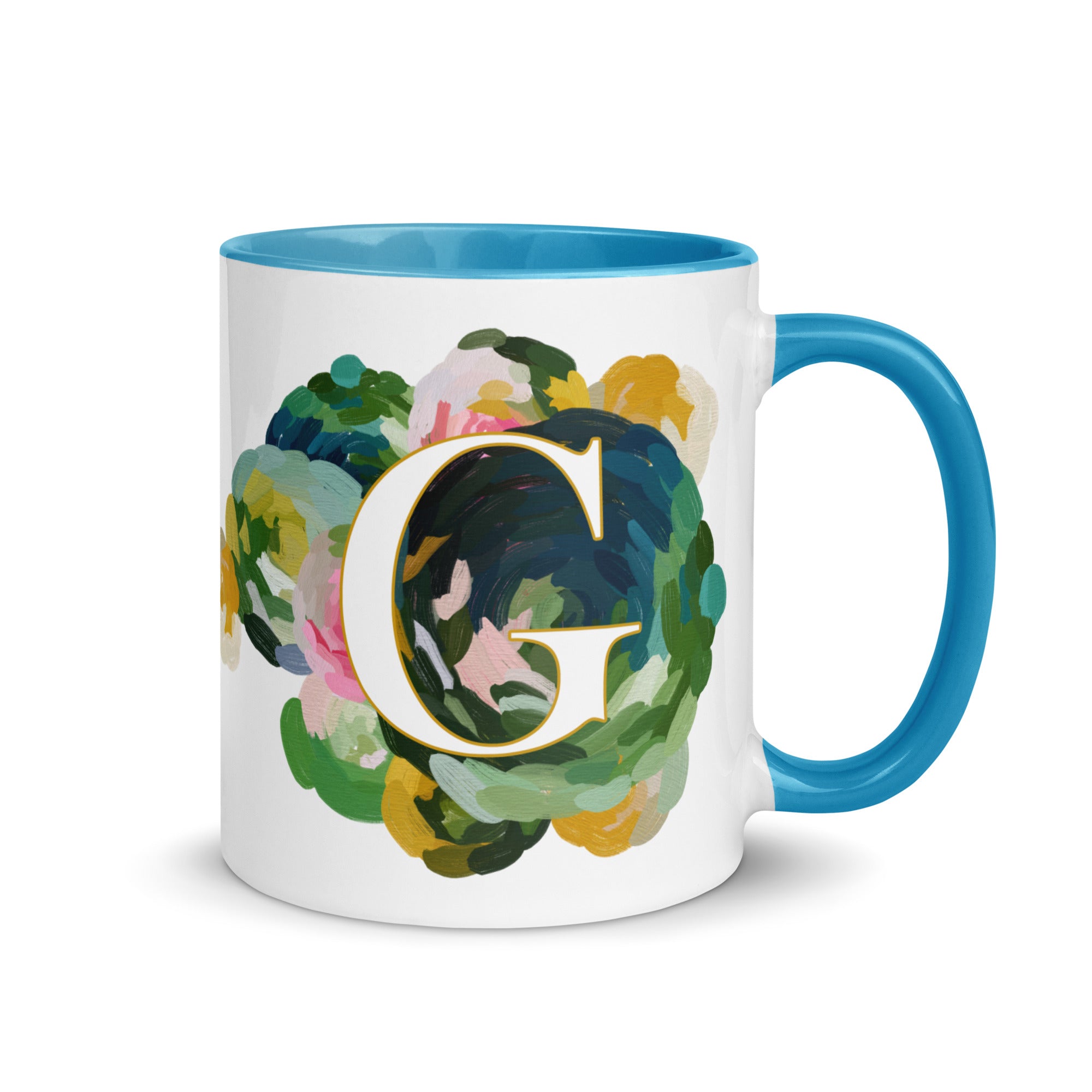 Blue Flowers Monogram Ceramic Mug - Letter G - Pretty coffee and tea mug for flower lovers. Bright light blue colored on the inside and the handle. Art by Parima Studio. Chic floral mug