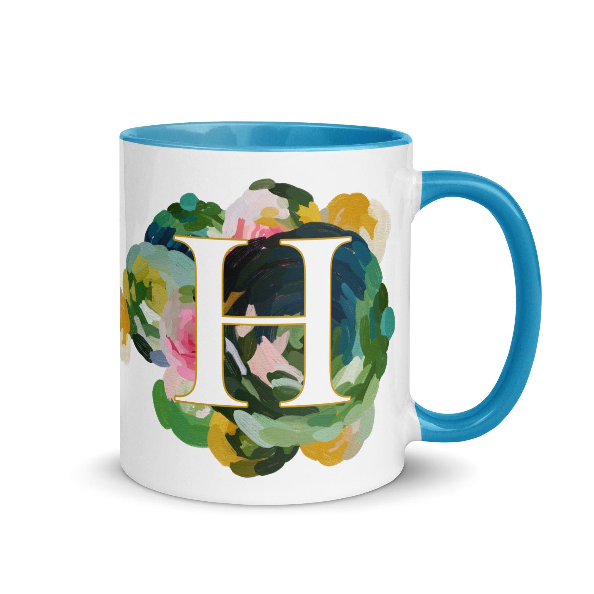 Blue Flowers Monogram Ceramic Mug - Letter H - Pretty coffee and tea mug for flower lovers. Bright light blue colored on the inside and the handle. Art by Parima Studio. Chic floral mug