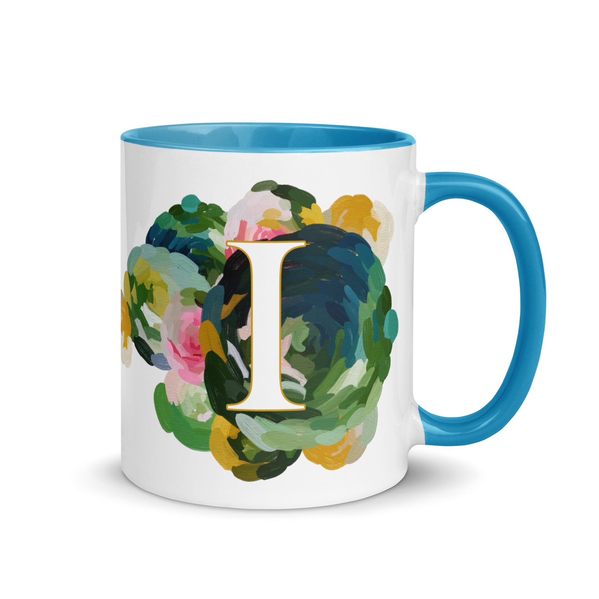 Blue Flowers Monogram Ceramic Mug - Letter I - Pretty coffee and tea mug for flower lovers. Bright light blue colored on the inside and the handle. Art by Parima Studio. Chic floral mug
