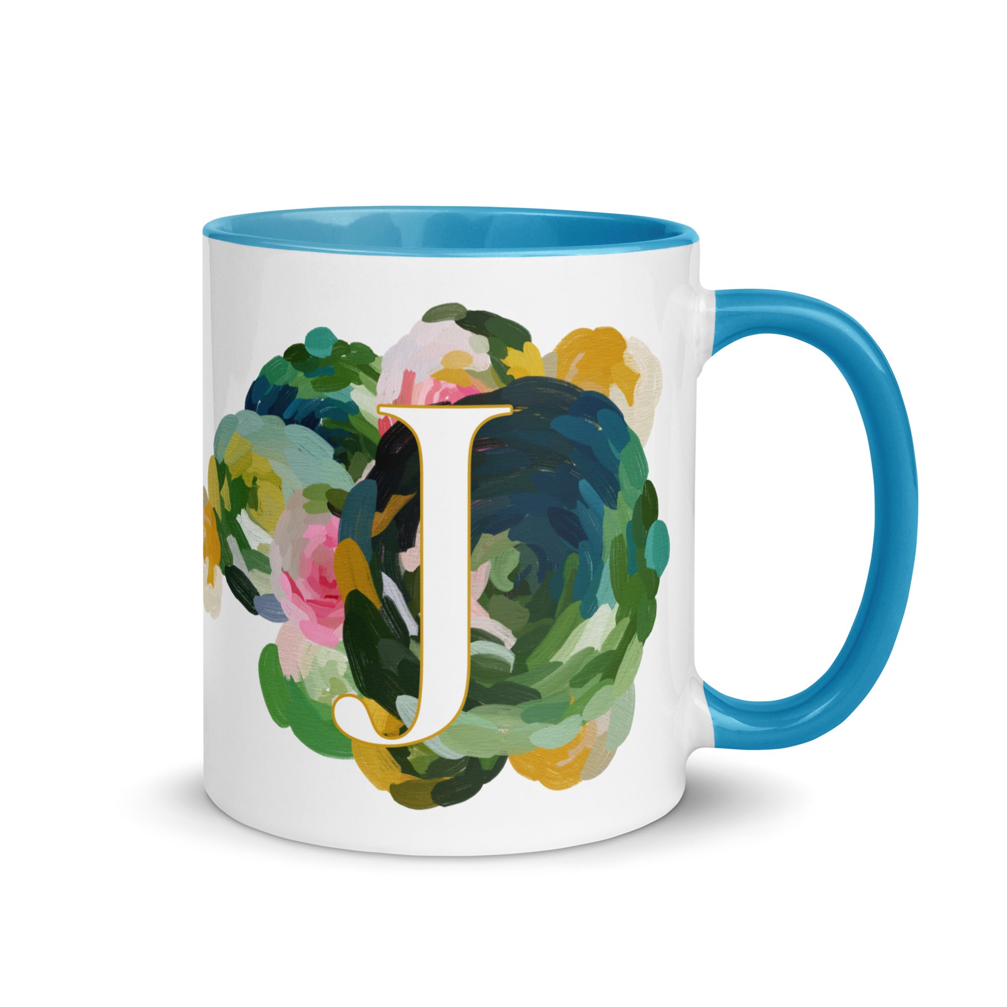 Blue Flowers Monogram Ceramic Mug - Letter J - Pretty coffee and tea mug for flower lovers. Bright light blue colored on the inside and the handle. Art by Parima Studio. Chic floral mug