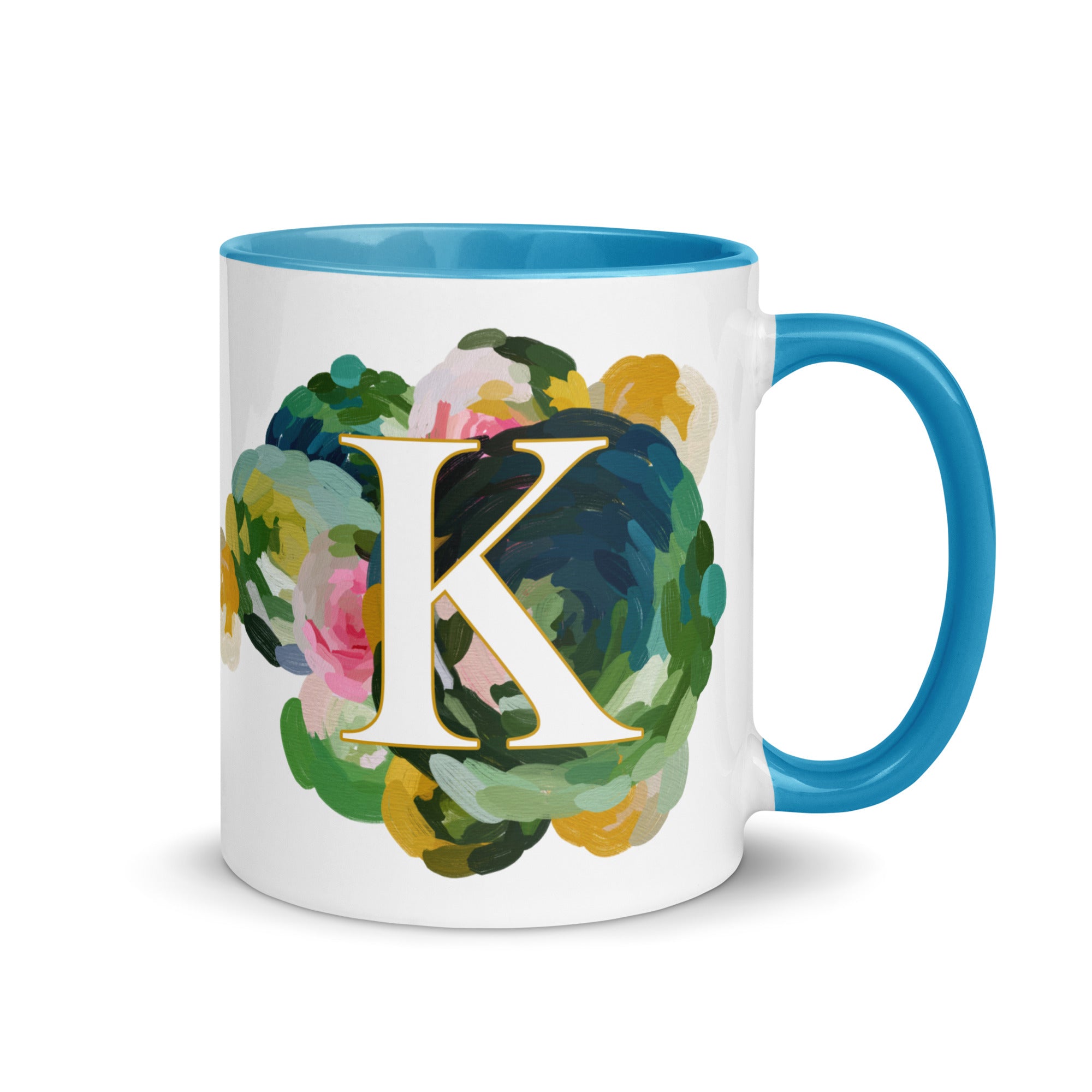 Blue Flowers Monogram Ceramic Mug - Letter K - Pretty coffee and tea mug for flower lovers. Bright light blue colored on the inside and the handle. Art by Parima Studio. Chic floral mug