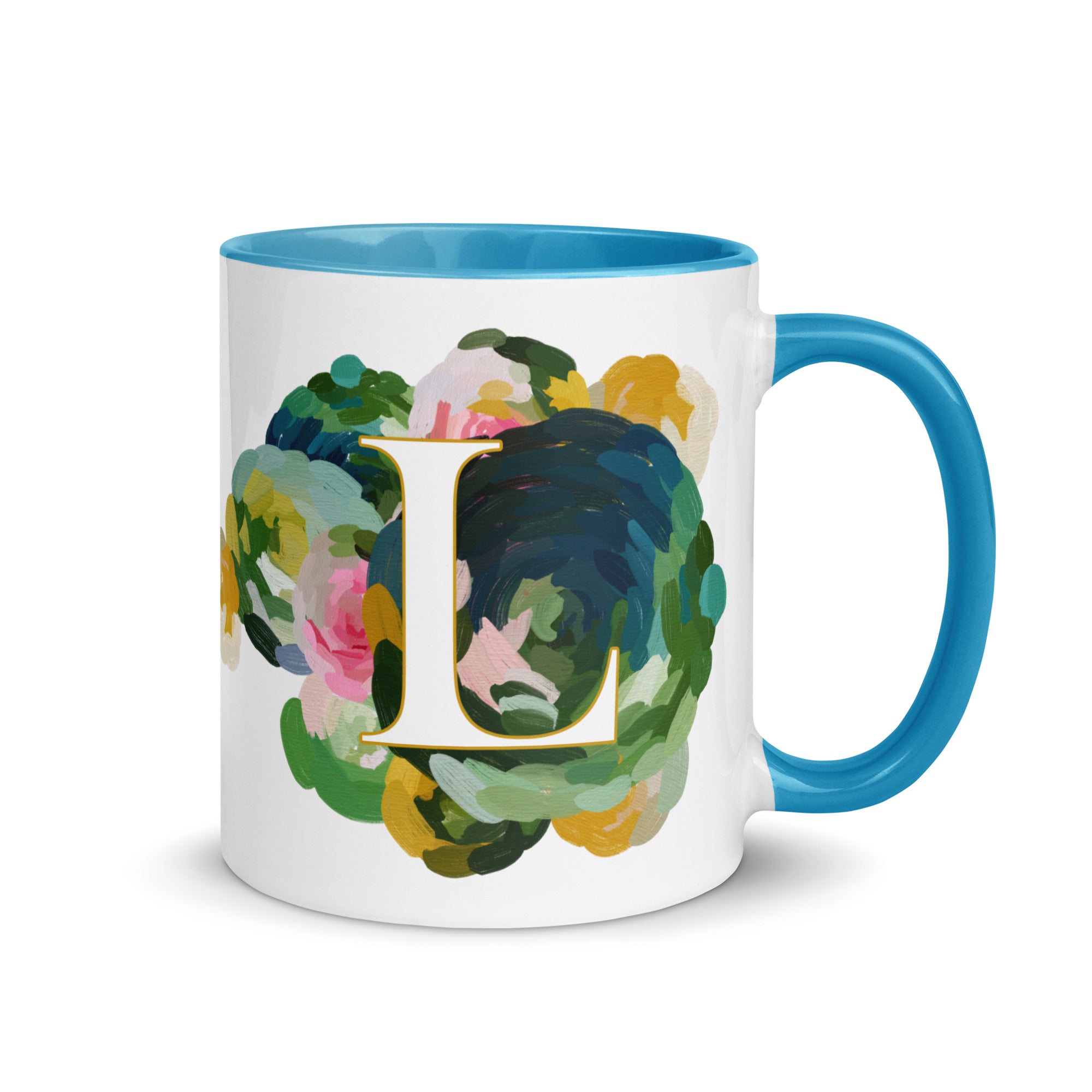 Blue Flowers Monogram Ceramic Mug - Letter L - Pretty coffee and tea mug for flower lovers. Bright light blue colored on the inside and the handle. Art by Parima Studio. Chic floral mug