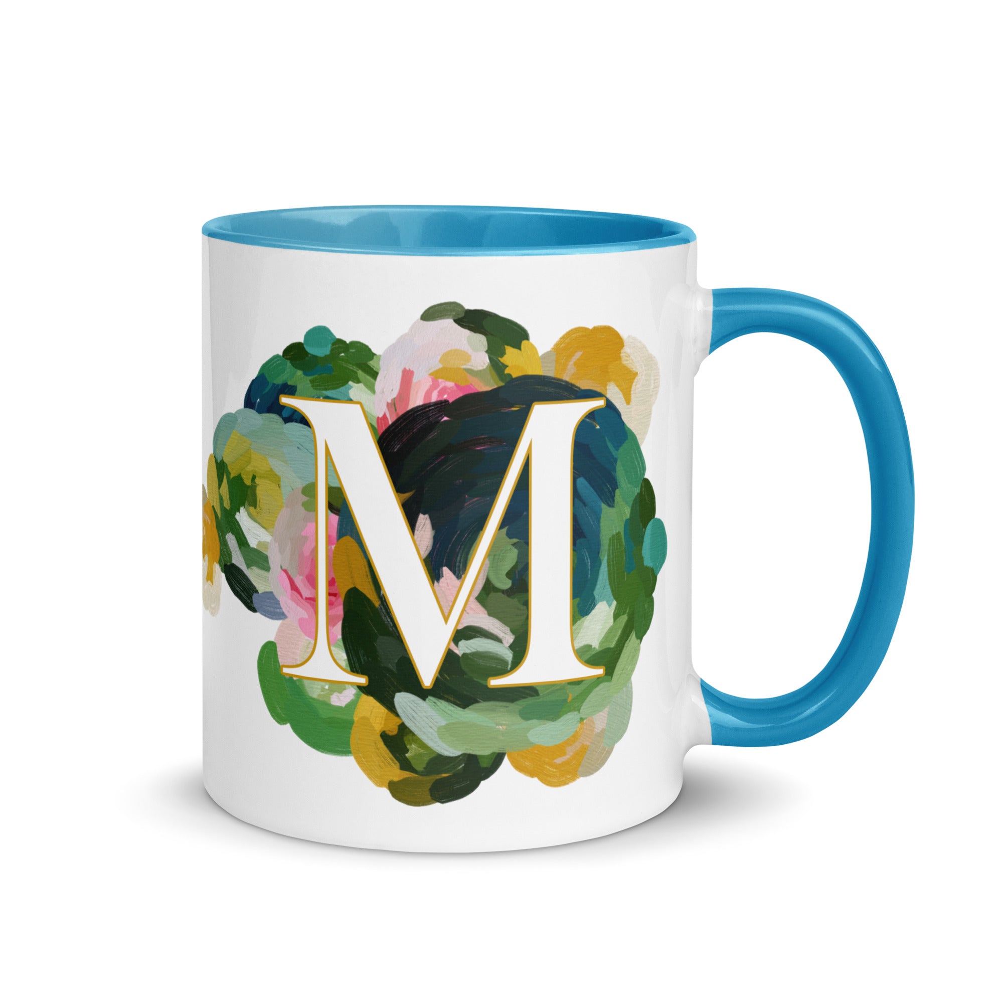 Blue Flowers Monogram Ceramic Mug - Letter M - Pretty coffee and tea mug for flower lovers. Green colored on the inside and the handle. Art by Parima Studio. Chic floral mug