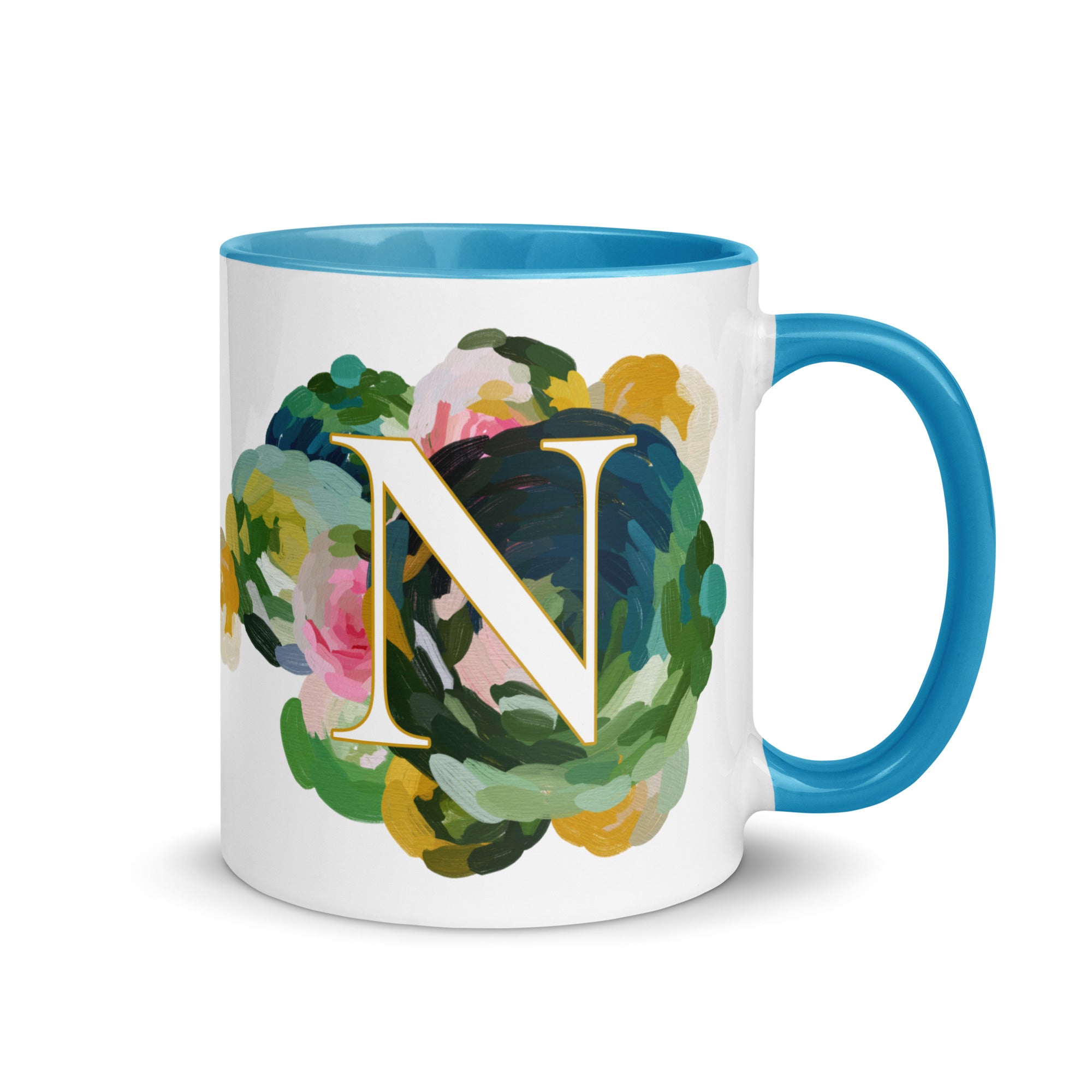Blue Flowers Monogram Ceramic Mug - Letter N - Pretty coffee and tea mug for flower lovers. Bright light blue colored on the inside and the handle. Art by Parima Studio. Chic floral mug