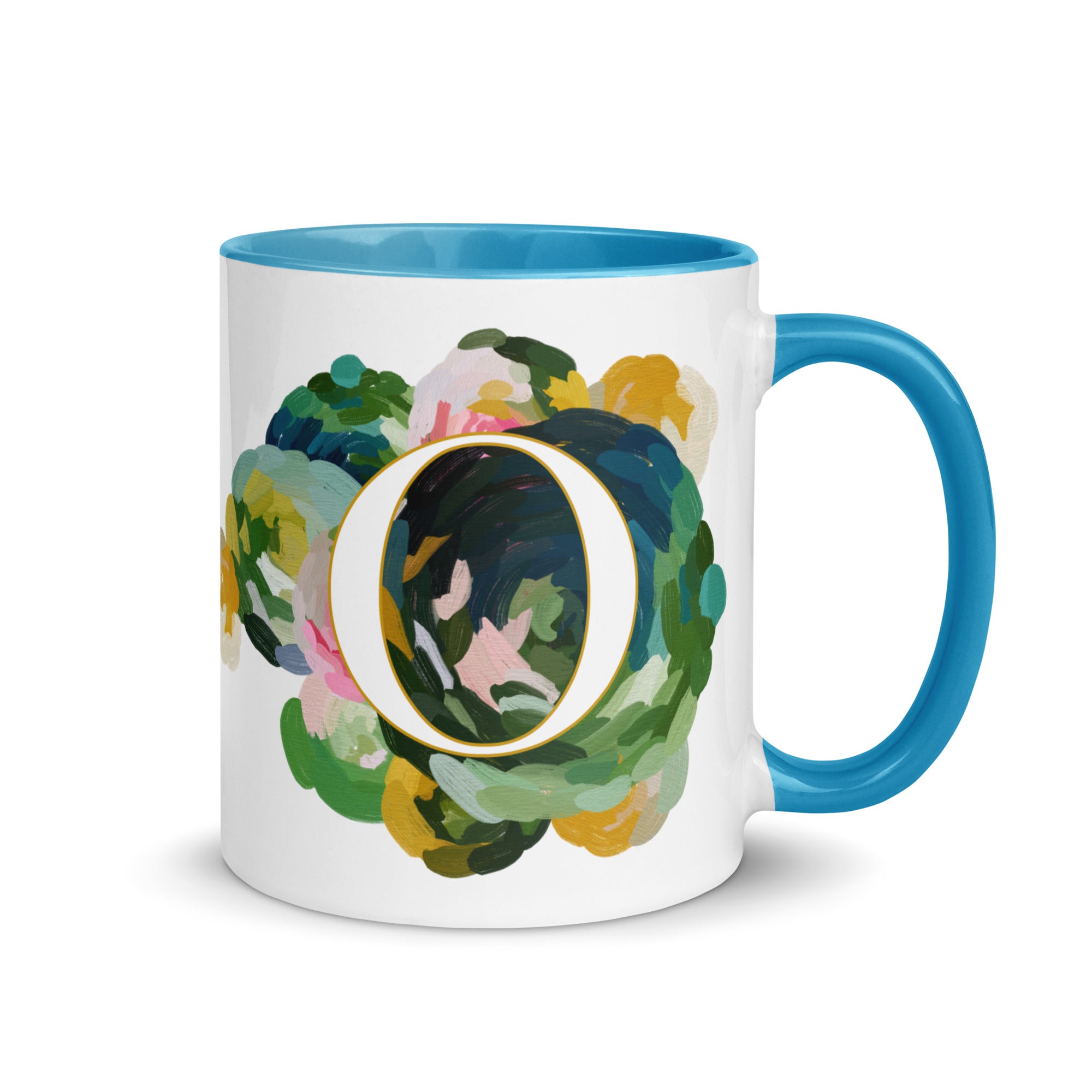 Blue Flowers Monogram Ceramic Mug - Letter O - Pretty coffee and tea mug for flower lovers. Bright light blue colored on the inside and the handle. Art by Parima Studio. Chic floral mug