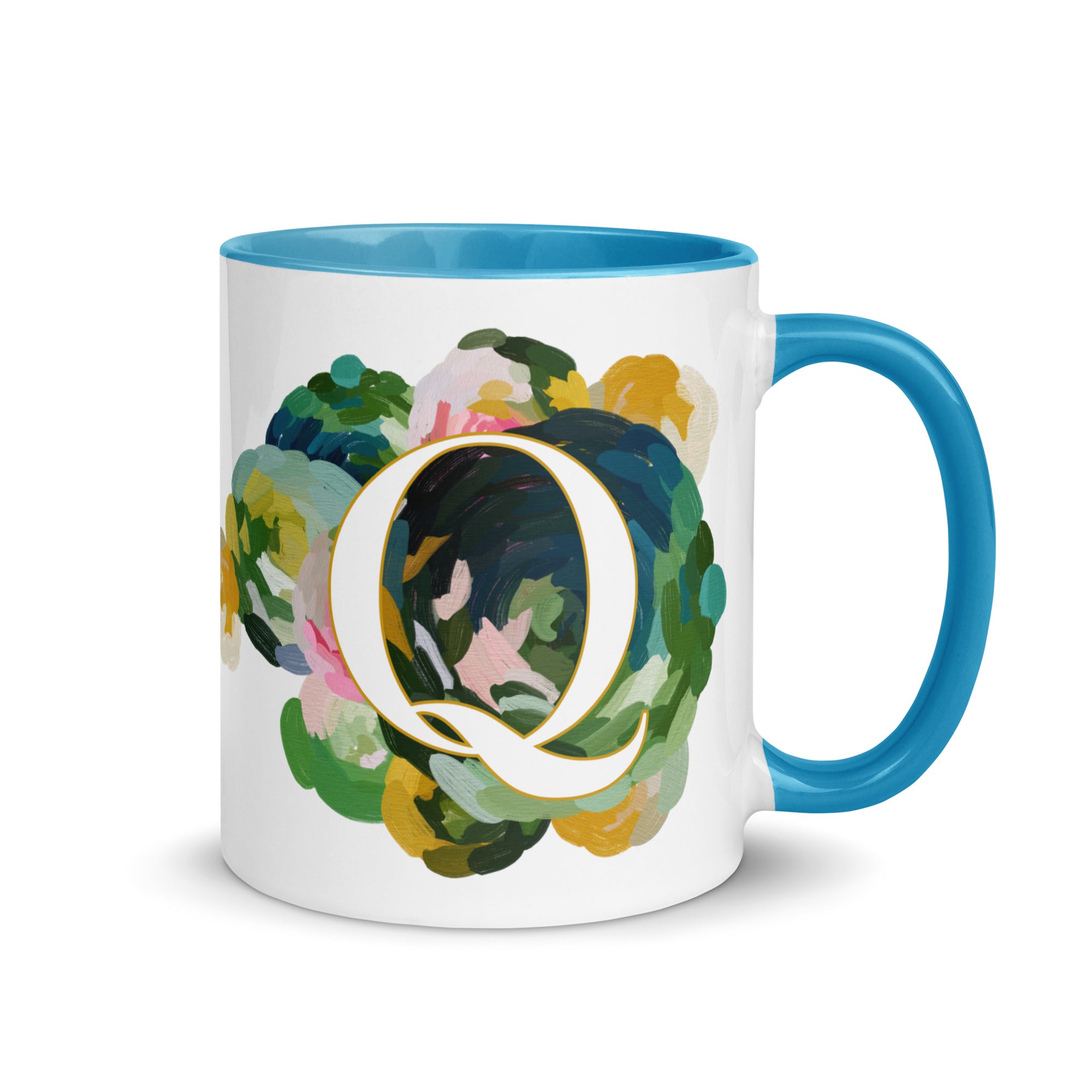 Blue Flowers Monogram Ceramic Mug - Letter Q - Pretty coffee and tea mug for flower lovers. Bright light blue colored on the inside and the handle. Art by Parima Studio. Chic floral mug
