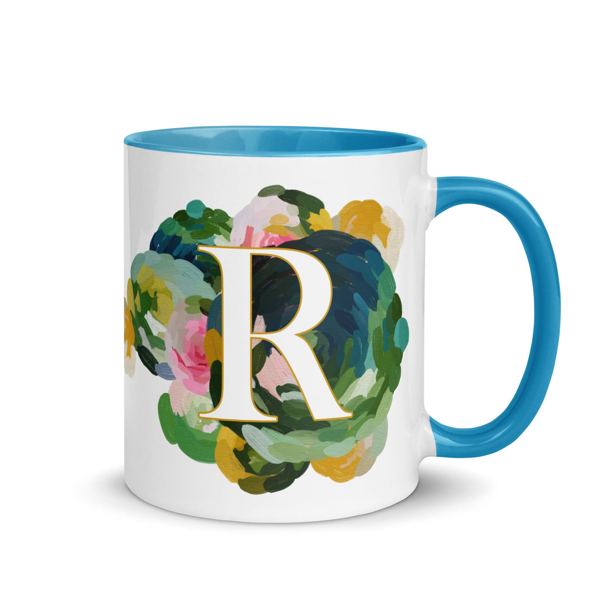 Blue Flowers Monogram Ceramic Mug - Letter R - Pretty coffee and tea mug for flower lovers. Bright light blue colored on the inside and the handle. Art by Parima Studio. Chic floral mug