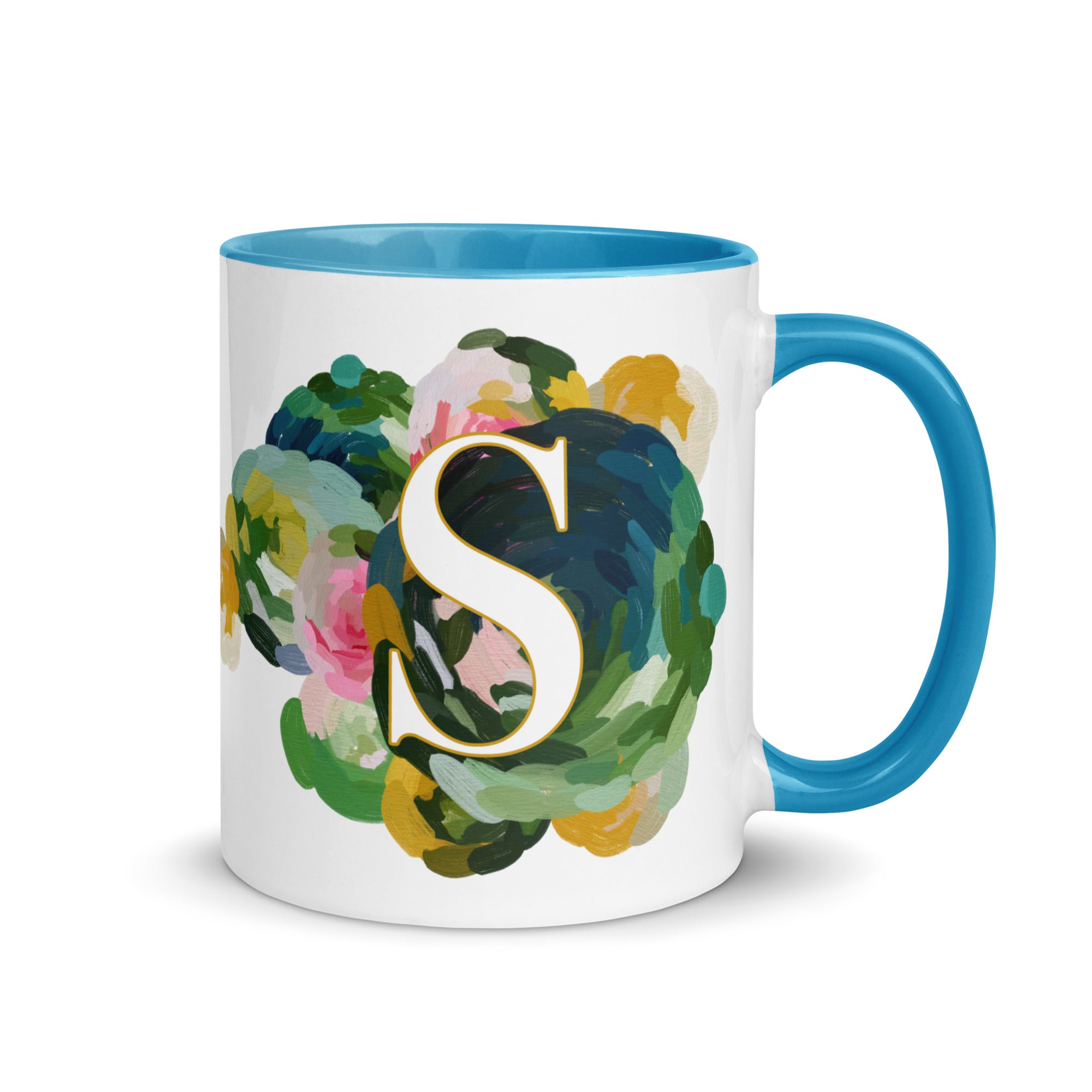 Blue Flowers Monogram Ceramic Mug - Letter S - Pretty coffee and tea mug for flower lovers. Bright light blue colored on the inside and the handle. Art by Parima Studio. Chic floral mug
