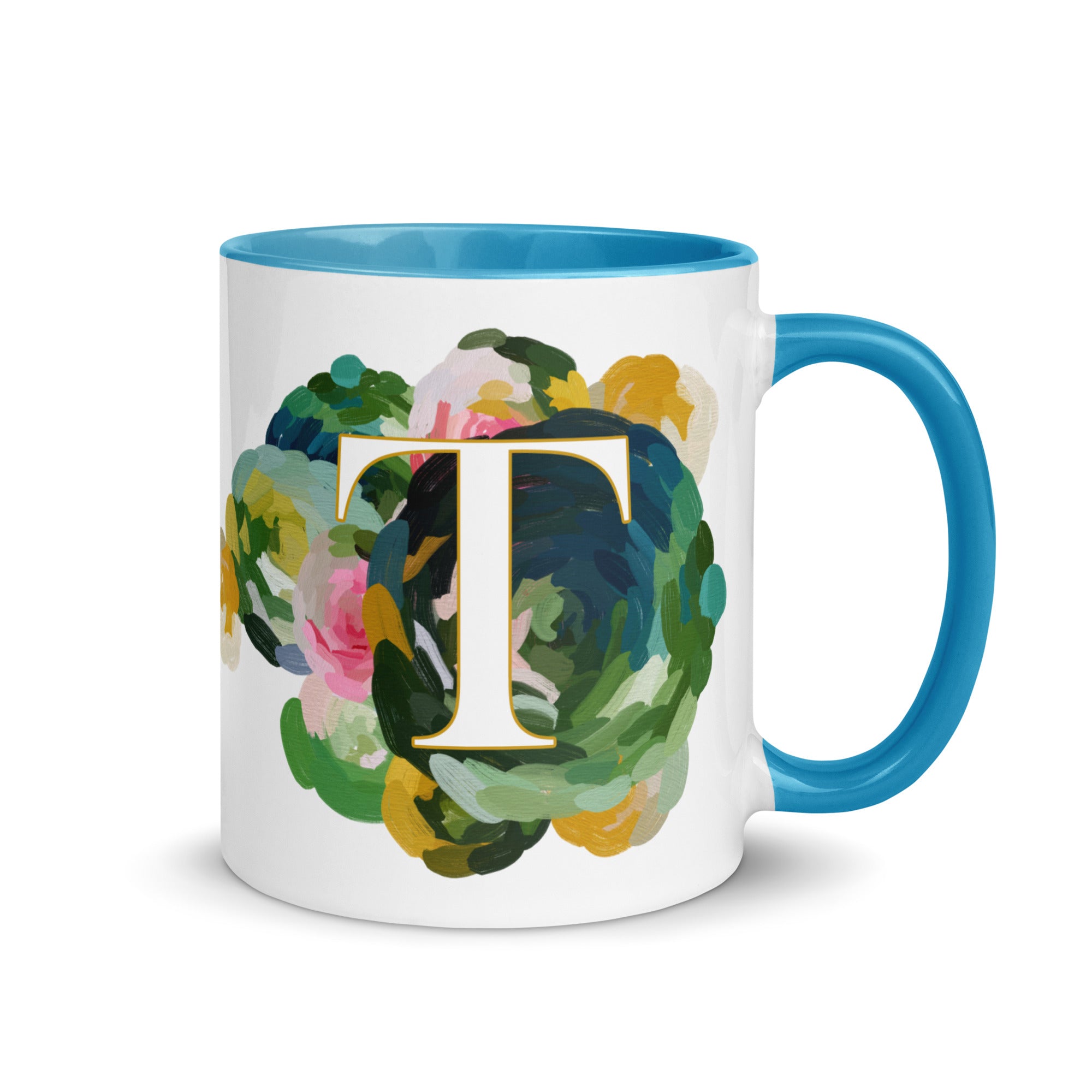 Blue Flowers Monogram Ceramic Mug - Letter T - Pretty coffee and tea mug for flower lovers. Bright light blue colored on the inside and the handle. Art by Parima Studio. Chic floral mug