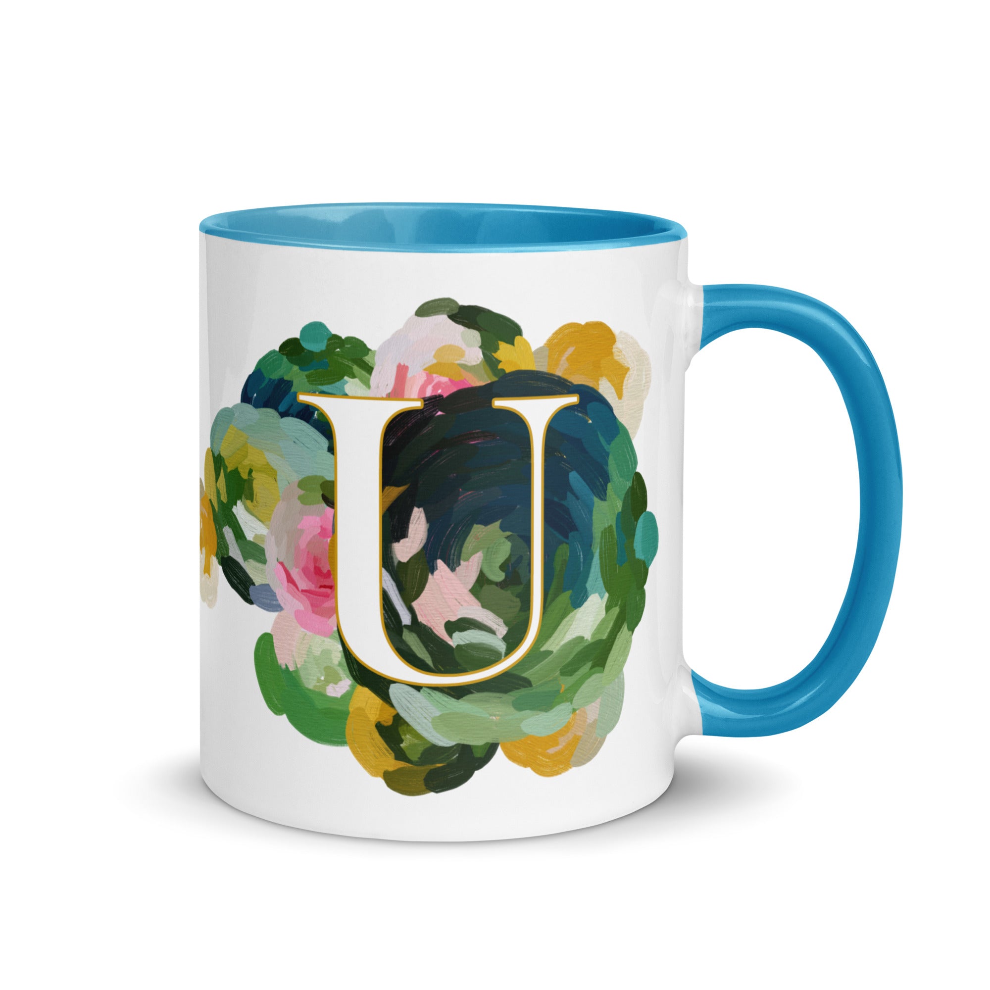 Blue Flowers Monogram Ceramic Mug - Letter U - Pretty coffee and tea mug for flower lovers. Bright light blue colored on the inside and the handle. Art by Parima Studio. Chic floral mug