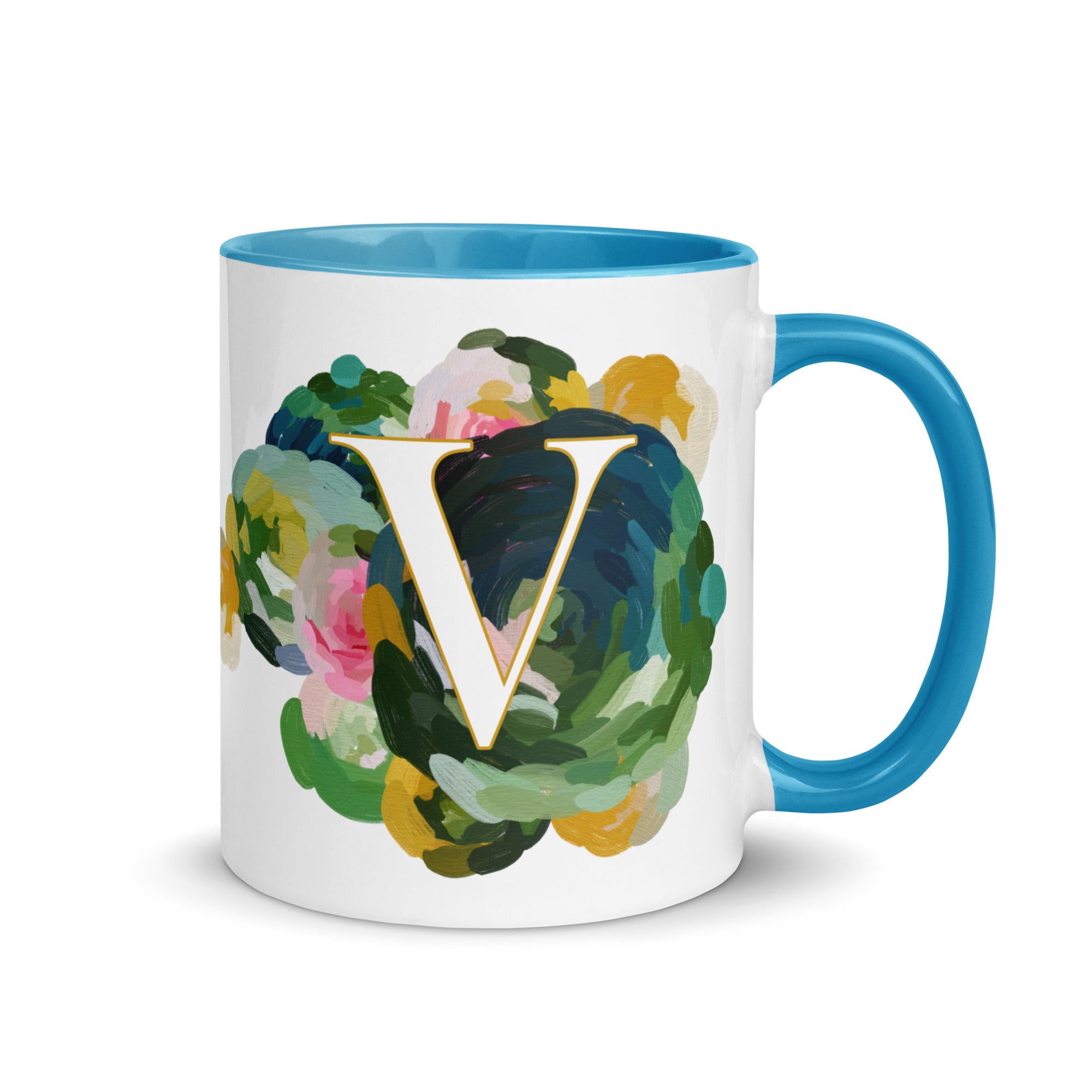 Blue Flowers Monogram Ceramic Mug - Letter V - Pretty coffee and tea mug for flower lovers. Bright light blue colored on the inside and the handle. Art by Parima Studio. Chic floral mug