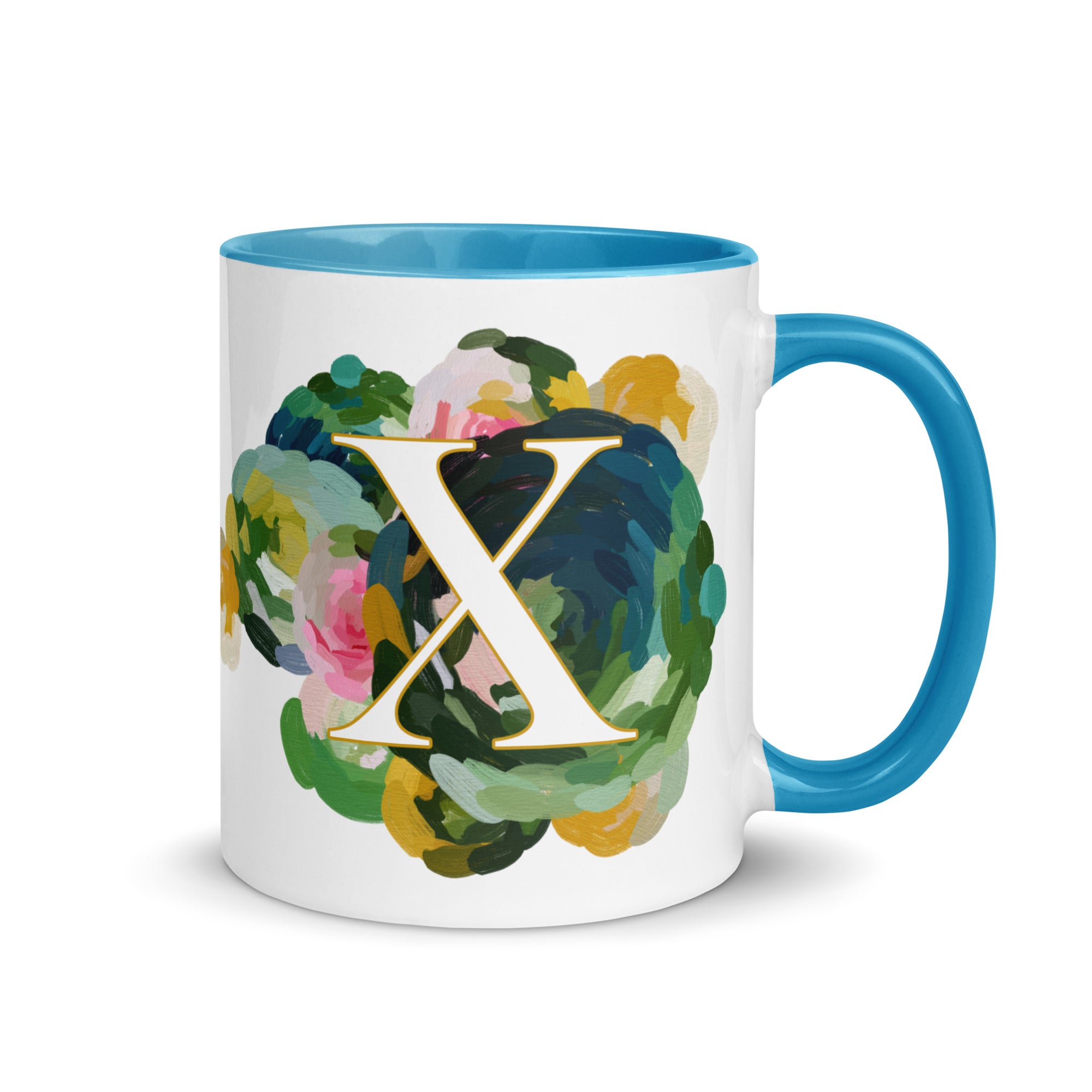 Blue Flowers Monogram Ceramic Mug - Letter X - Pretty coffee and tea mug for flower lovers. Bright light blue colored on the inside and the handle. Art by Parima Studio. Chic floral mug
