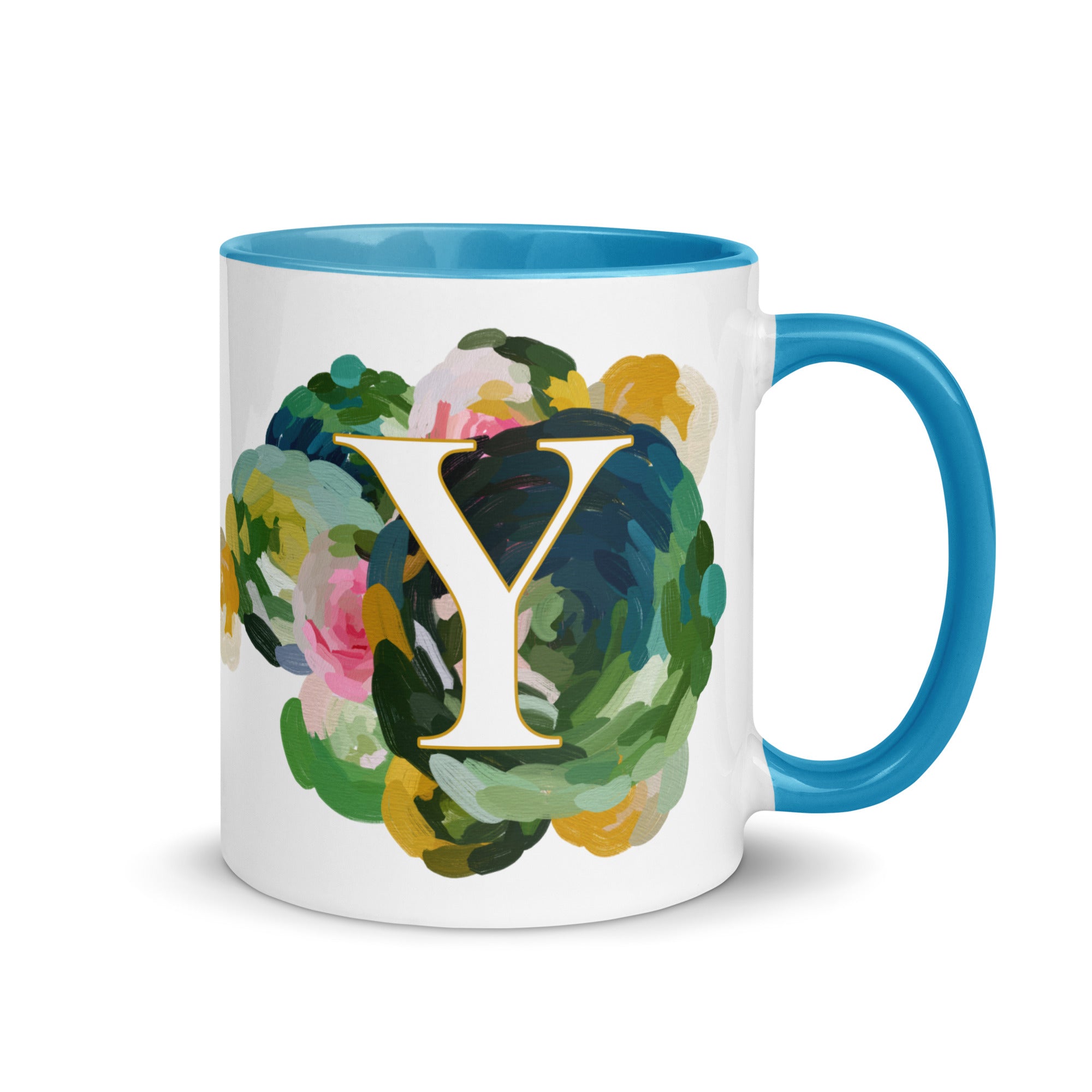 Blue Flowers Monogram Ceramic Mug - Letter Y - Pretty coffee and tea mug for flower lovers. Green colored on the inside and the handle. Art by Parima Studio. Chic floral mug