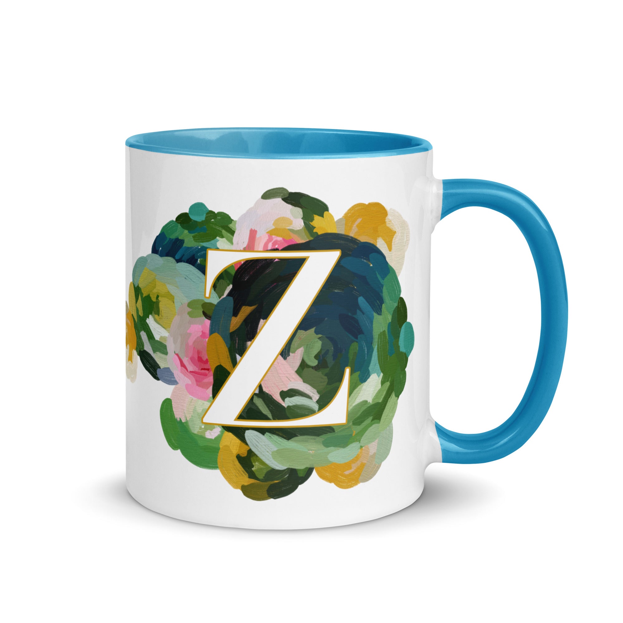 Blue Flowers Monogram Ceramic Mug - Letter Z - Pretty coffee and tea mug for flower lovers. Bright light blue colored on the inside and the handle. Art by Parima Studio. Chic floral mug