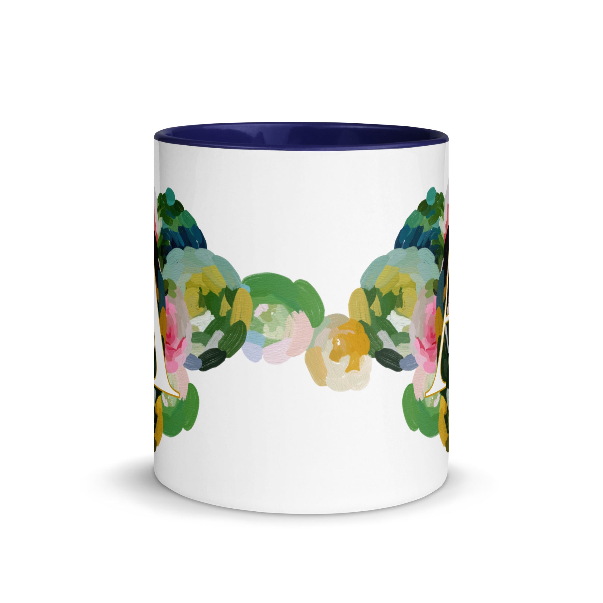 Blue Flowers Monogram Ceramic Mug - Letter A - Pretty coffee and tea mug for flower lovers. Colored on the inside and the handle. Art by Parima Studio. Chic floral mug