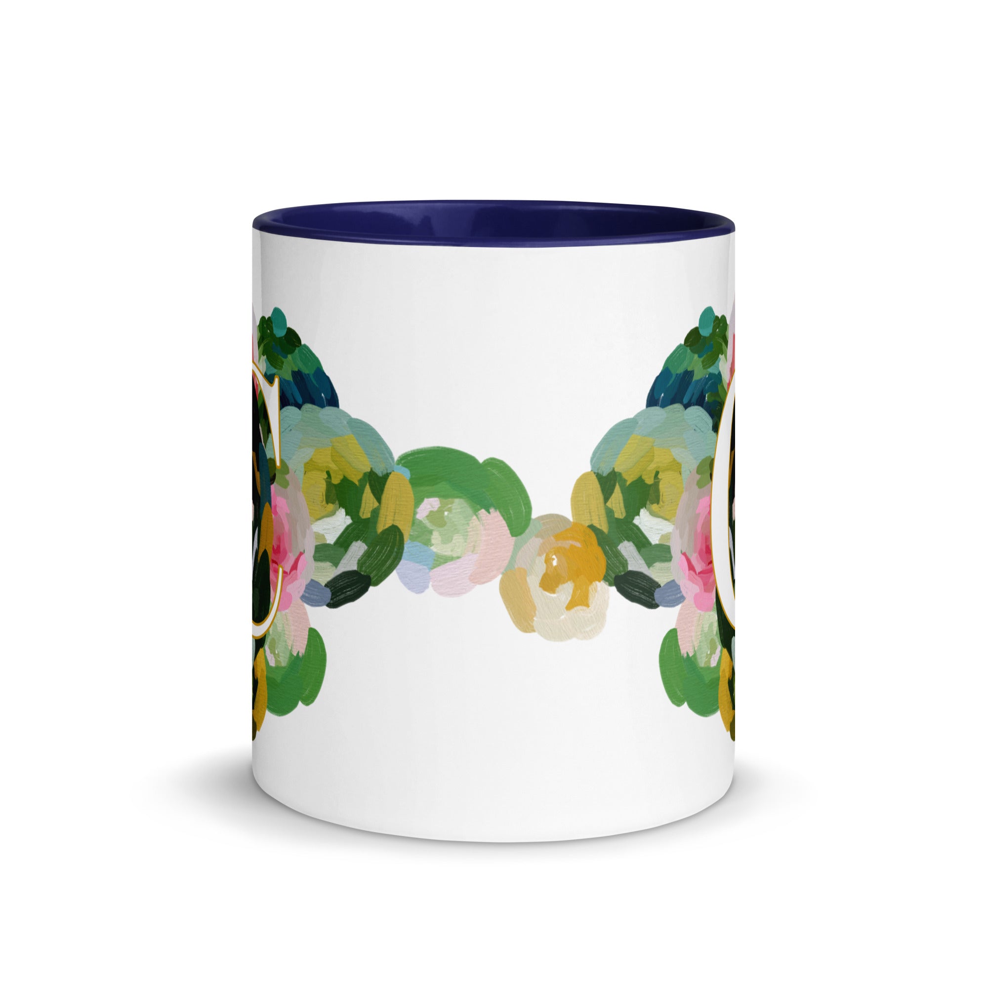 Blue Flowers Monogram Ceramic Mug - Letter C - Pretty coffee and tea mug for flower lovers. Colored on the inside and the handle. Art by Parima Studio. Chic floral mug