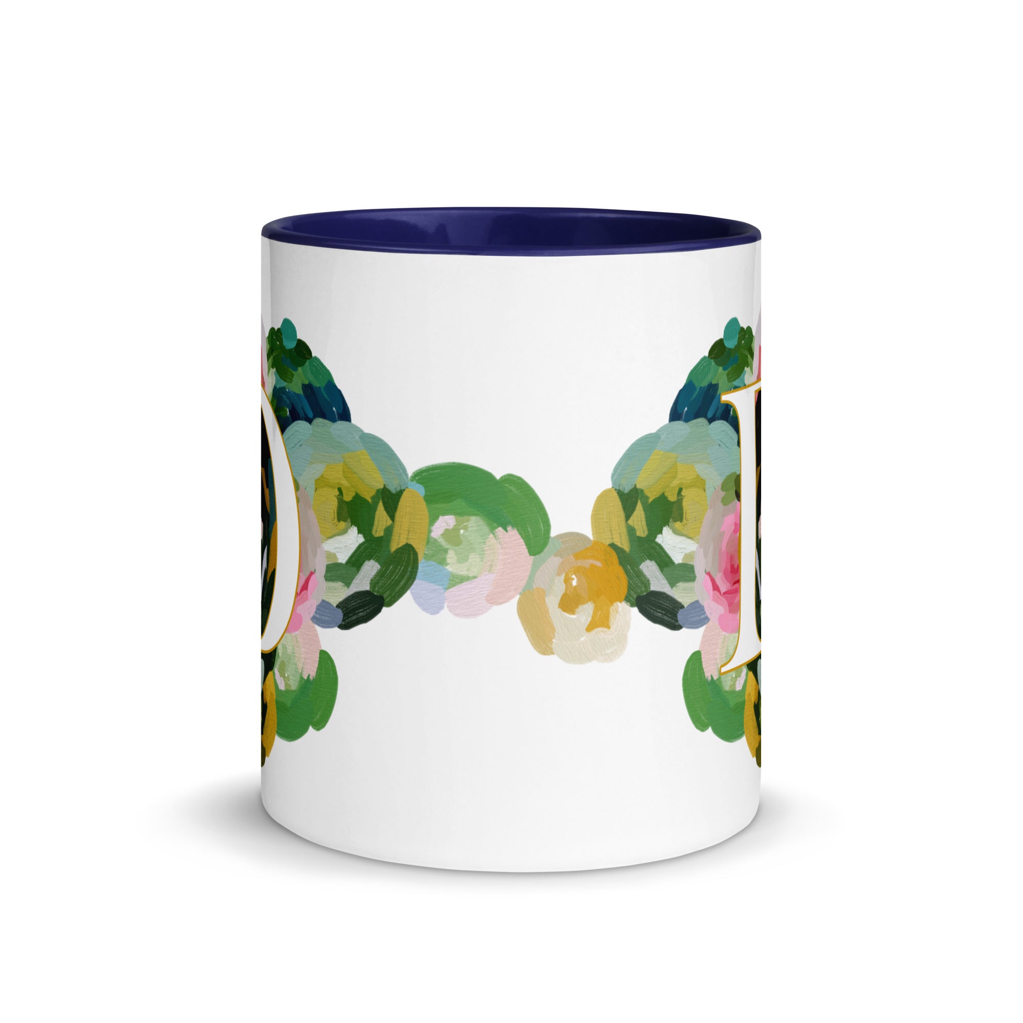 Blue Flowers Monogram Ceramic Mug - Letter D - Pretty coffee and tea mug for flower lovers. Colored on the inside and the handle. Art by Parima Studio. Chic floral mug