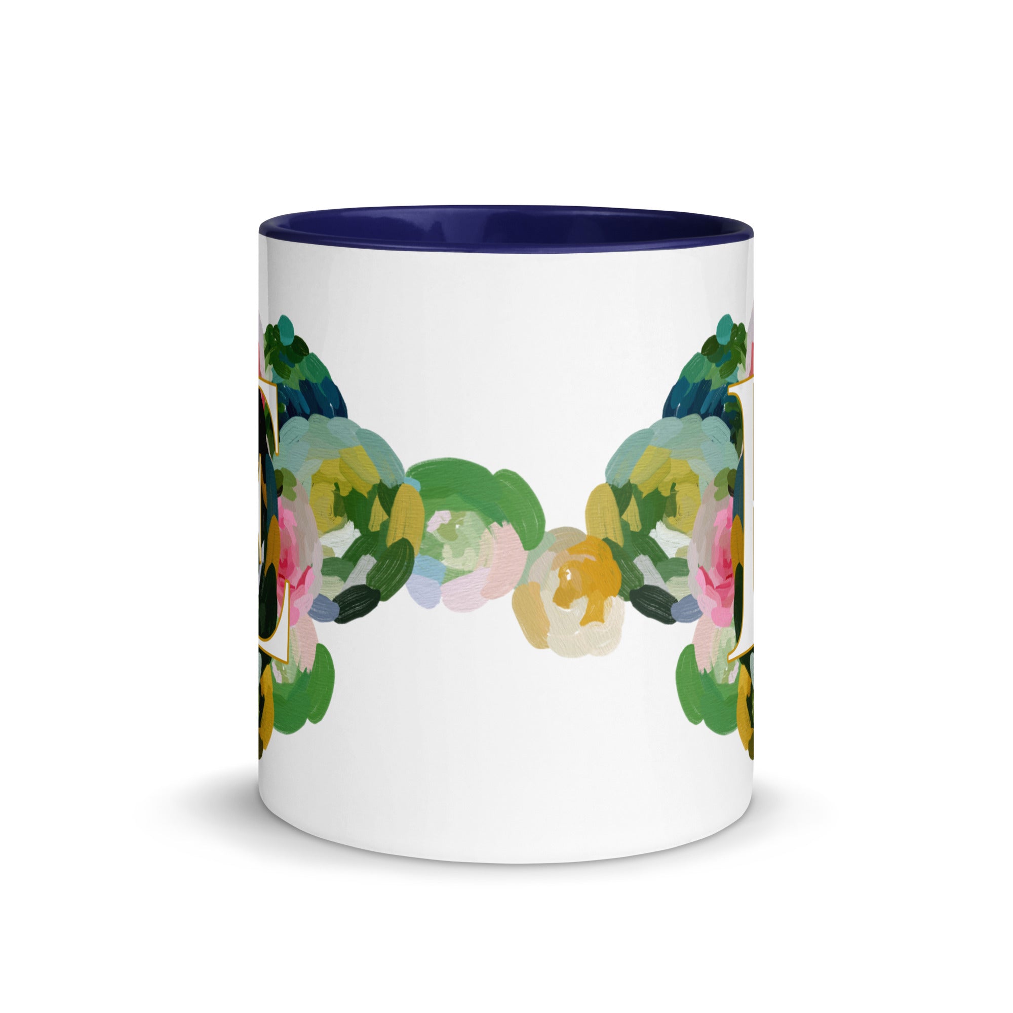 Blue Flowers Monogram Ceramic Mug - Letter E - Pretty coffee and tea mug for flower lovers. Colored on the inside and the handle. Art by Parima Studio. Chic floral mug