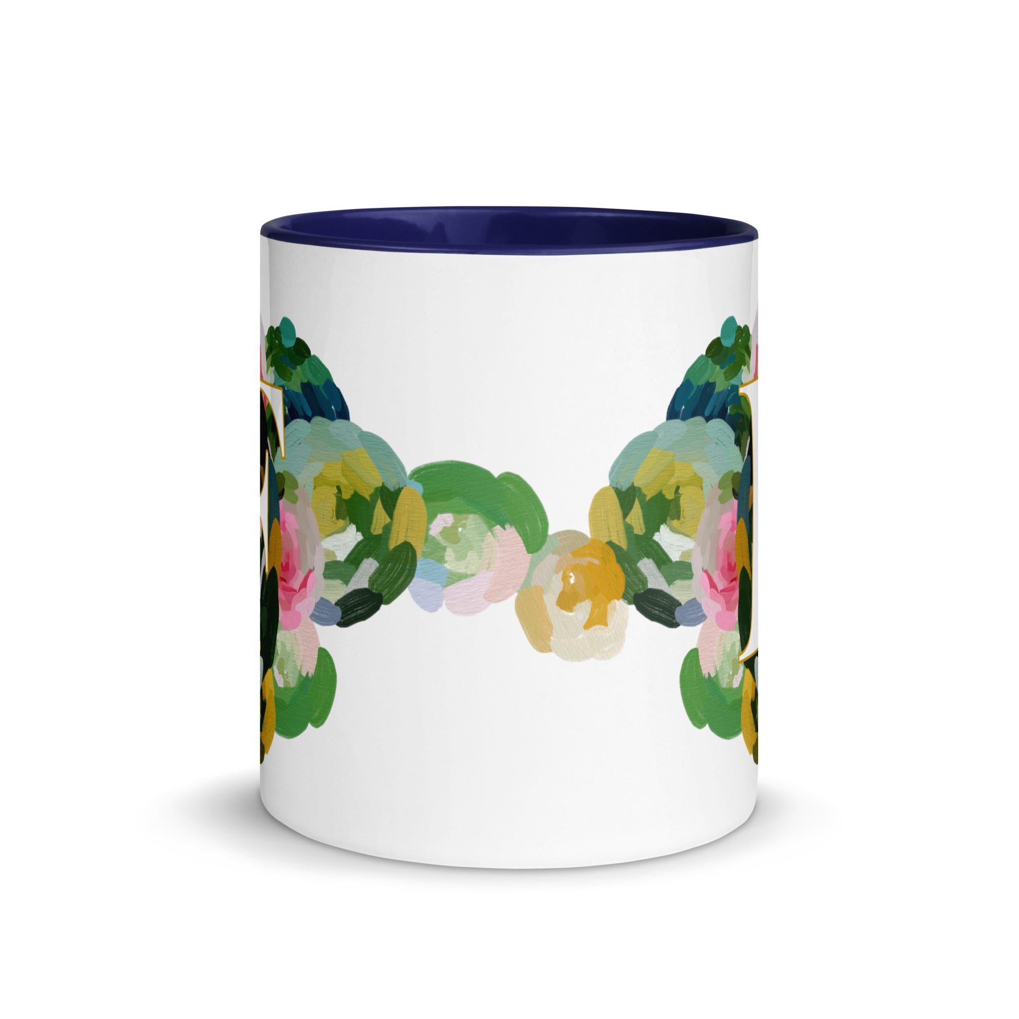 Blue Flowers Monogram Ceramic Mug - Letter F - Pretty coffee and tea mug for flower lovers. Colored on the inside and the handle. Art by Parima Studio. Chic floral mug