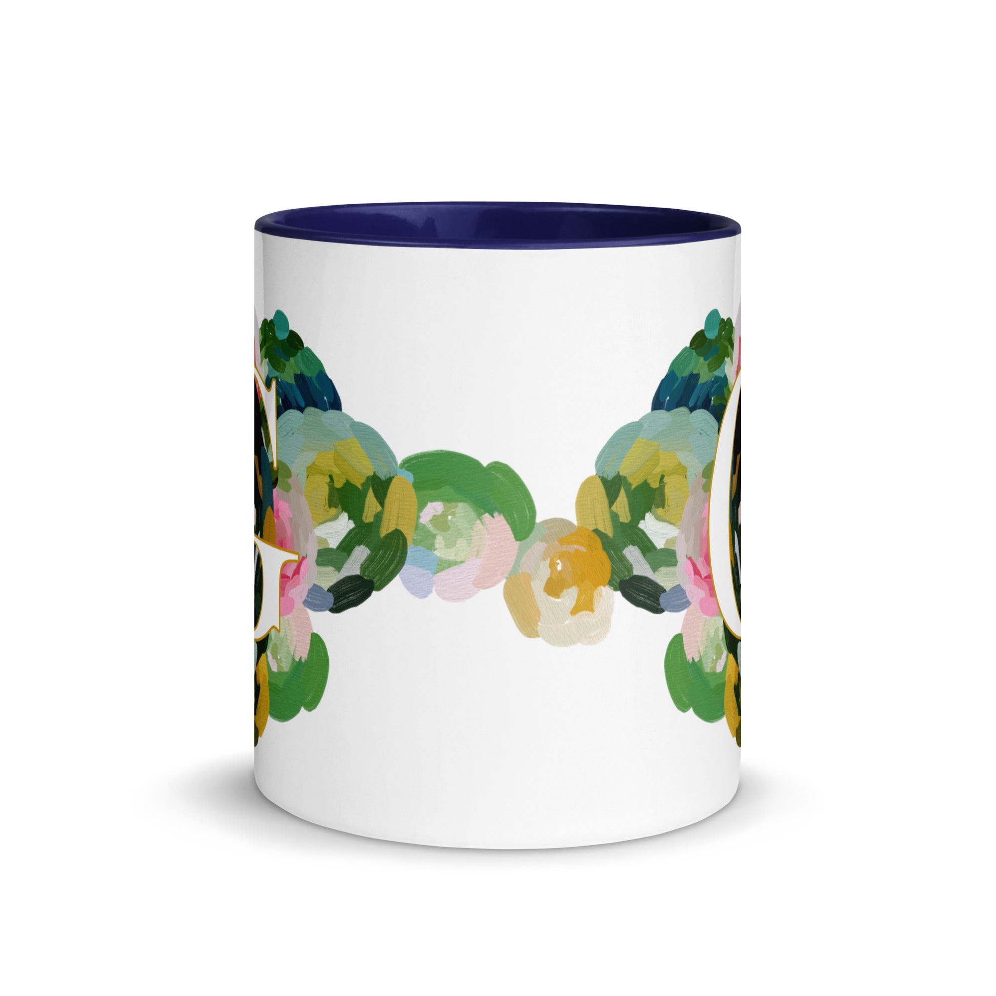 Blue Flowers Monogram Ceramic Mug - Letter G - Pretty coffee and tea mug for flower lovers. Colored on the inside and the handle. Art by Parima Studio. Chic floral mug