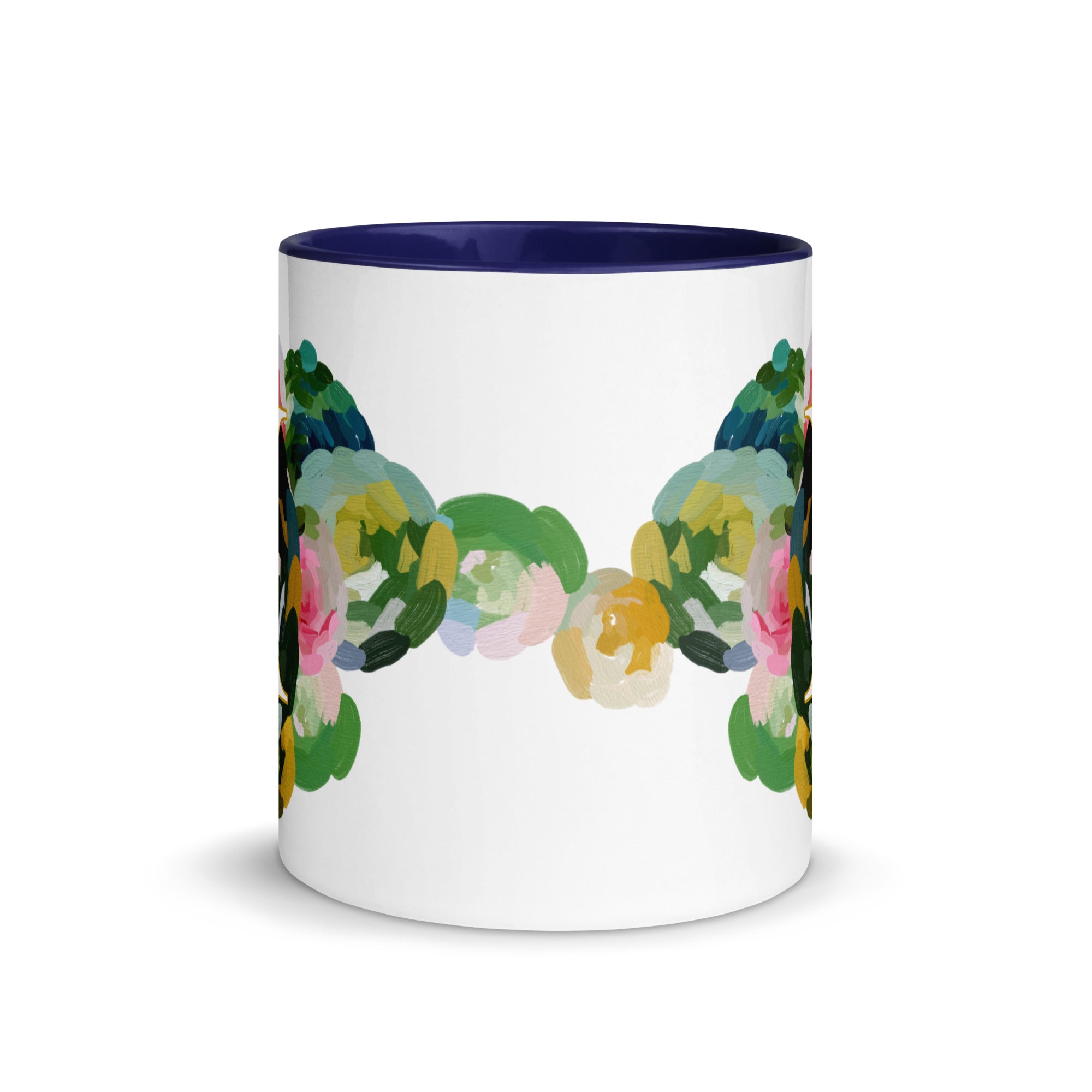 Blue Flowers Monogram Ceramic Mug - Letter I - Pretty coffee and tea mug for flower lovers. Colored on the inside and the handle. Art by Parima Studio. Chic floral mug