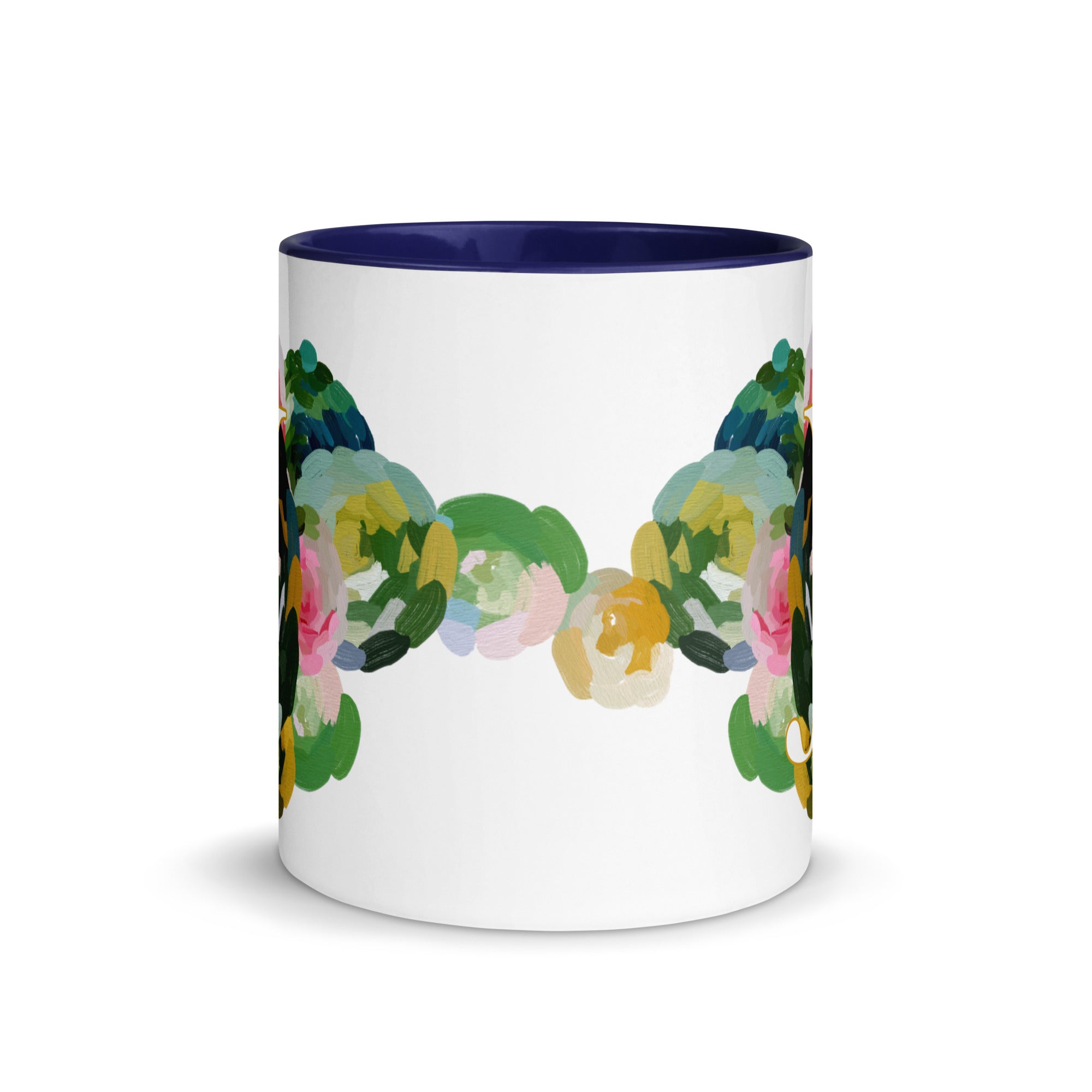Blue Flowers Monogram Ceramic Mug - Letter J - Pretty coffee and tea mug for flower lovers. Colored on the inside and the handle. Art by Parima Studio. Chic floral mug
