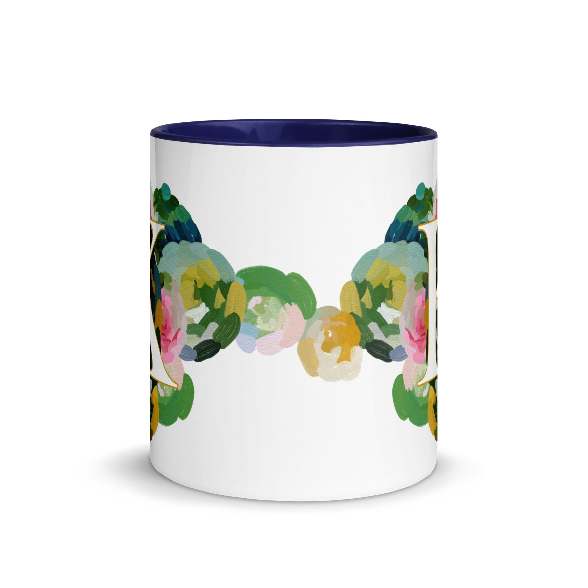 Blue Flowers Monogram Ceramic Mug - Letter K - Pretty coffee and tea mug for flower lovers. Colored on the inside and the handle. Art by Parima Studio. Chic floral mug