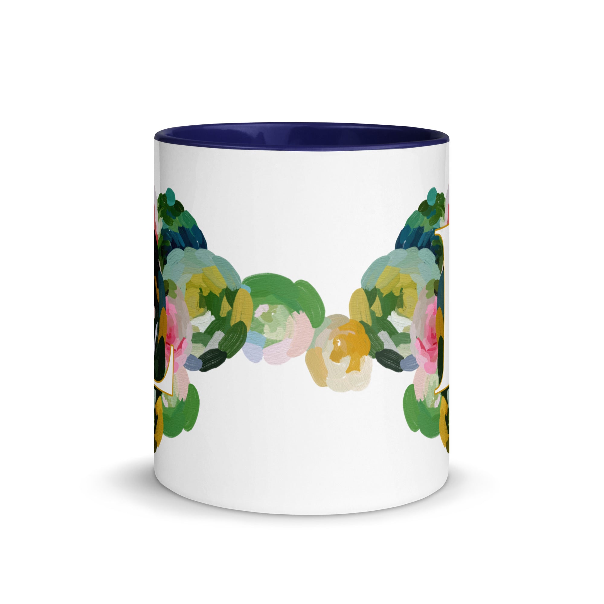Blue Flowers Monogram Ceramic Mug - Letter L - Pretty coffee and tea mug for flower lovers. Colored on the inside and the handle. Art by Parima Studio. Chic floral mug