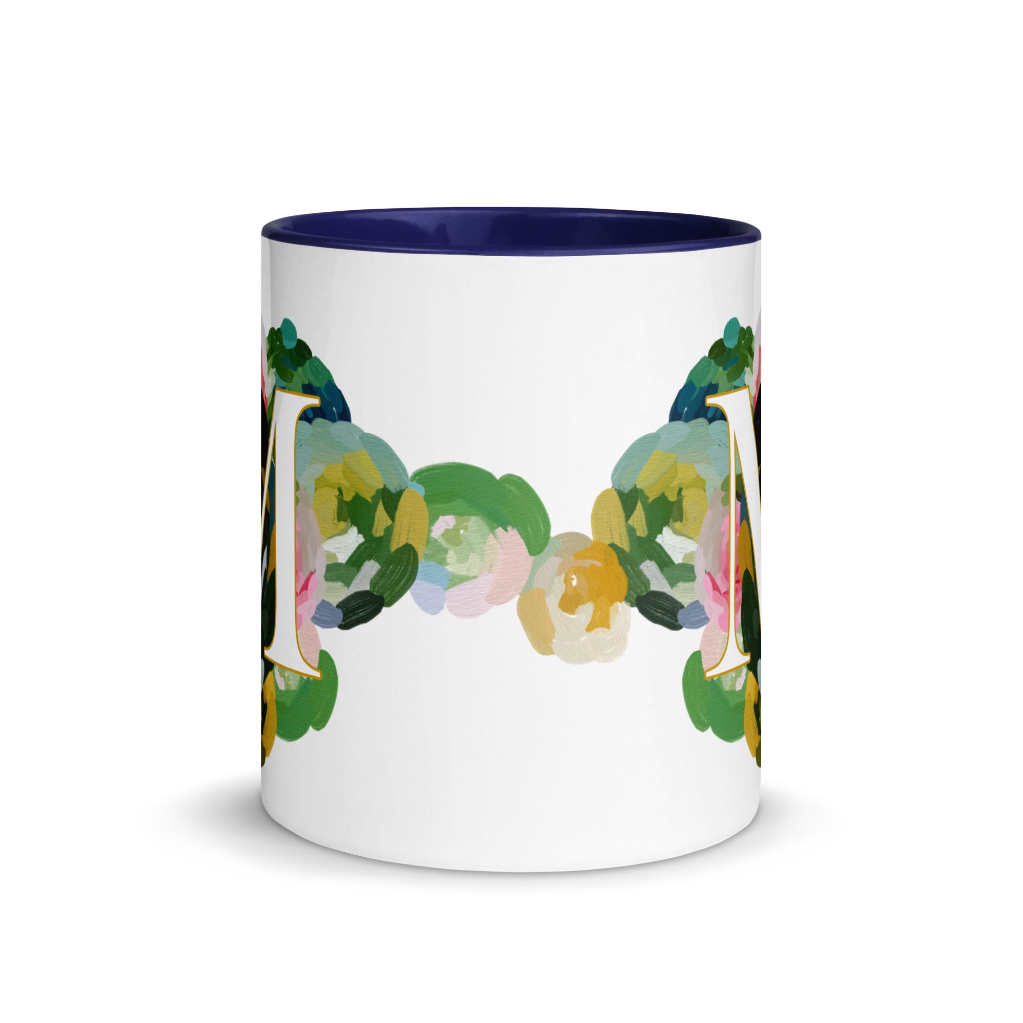 Blue Flowers Monogram Ceramic Mug - Letter M - Pretty coffee and tea mug for flower lovers. Colored on the inside and the handle. Art by Parima Studio. Chic floral mug