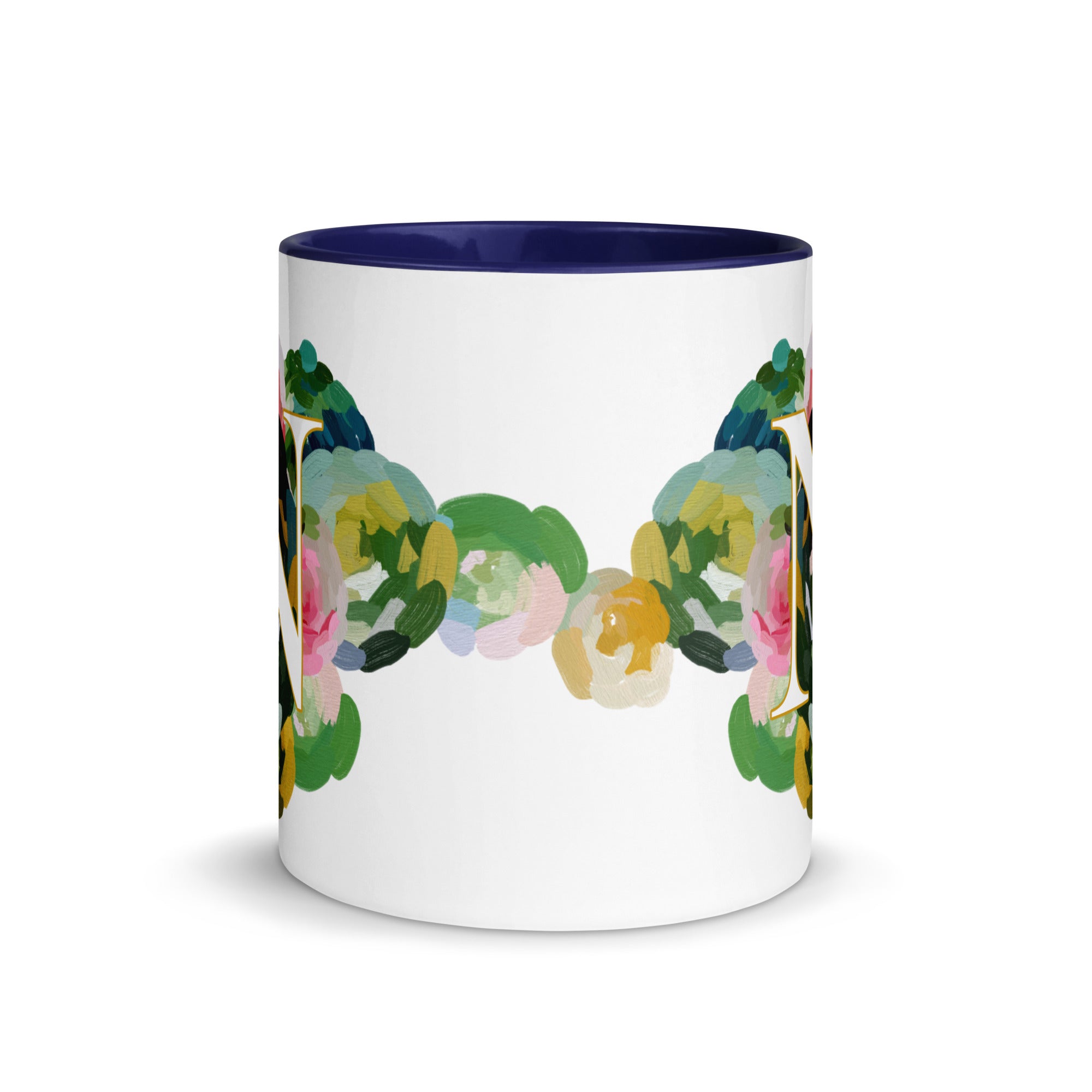 Blue Flowers Monogram Ceramic Mug - Letter N - Pretty coffee and tea mug for flower lovers. Colored on the inside and the handle. Art by Parima Studio. Chic floral mug