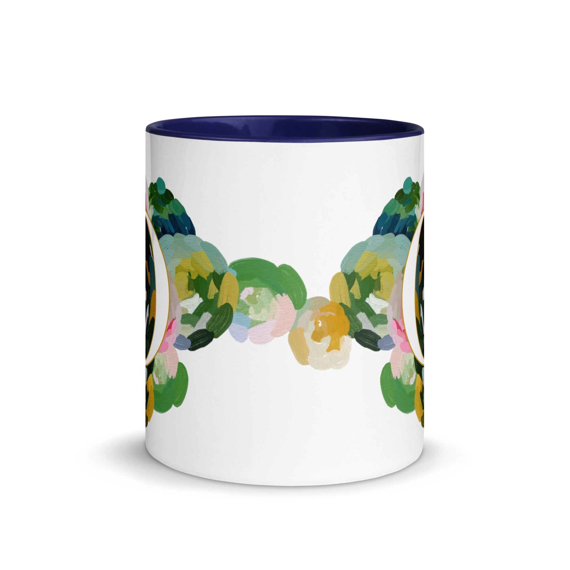Blue Flowers Monogram Ceramic Mug - Letter O - Pretty coffee and tea mug for flower lovers. Colored on the inside and the handle. Art by Parima Studio. Chic floral mug