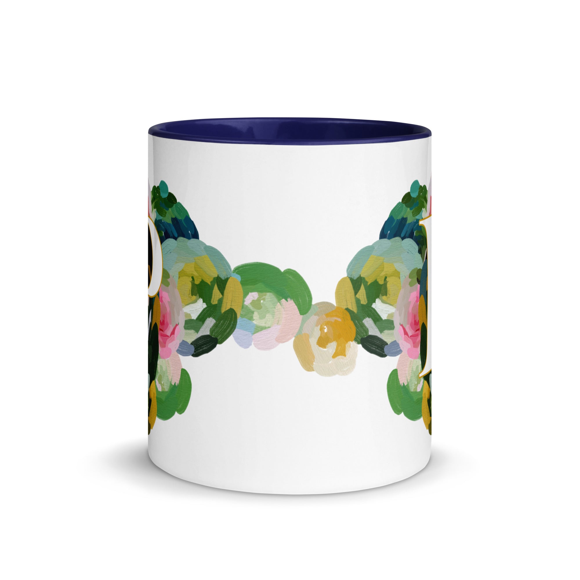 Blue Flowers Monogram Ceramic Mug - Letter P - Pretty coffee and tea mug for flower lovers. Colored on the inside and the handle. Art by Parima Studio. Chic floral mug