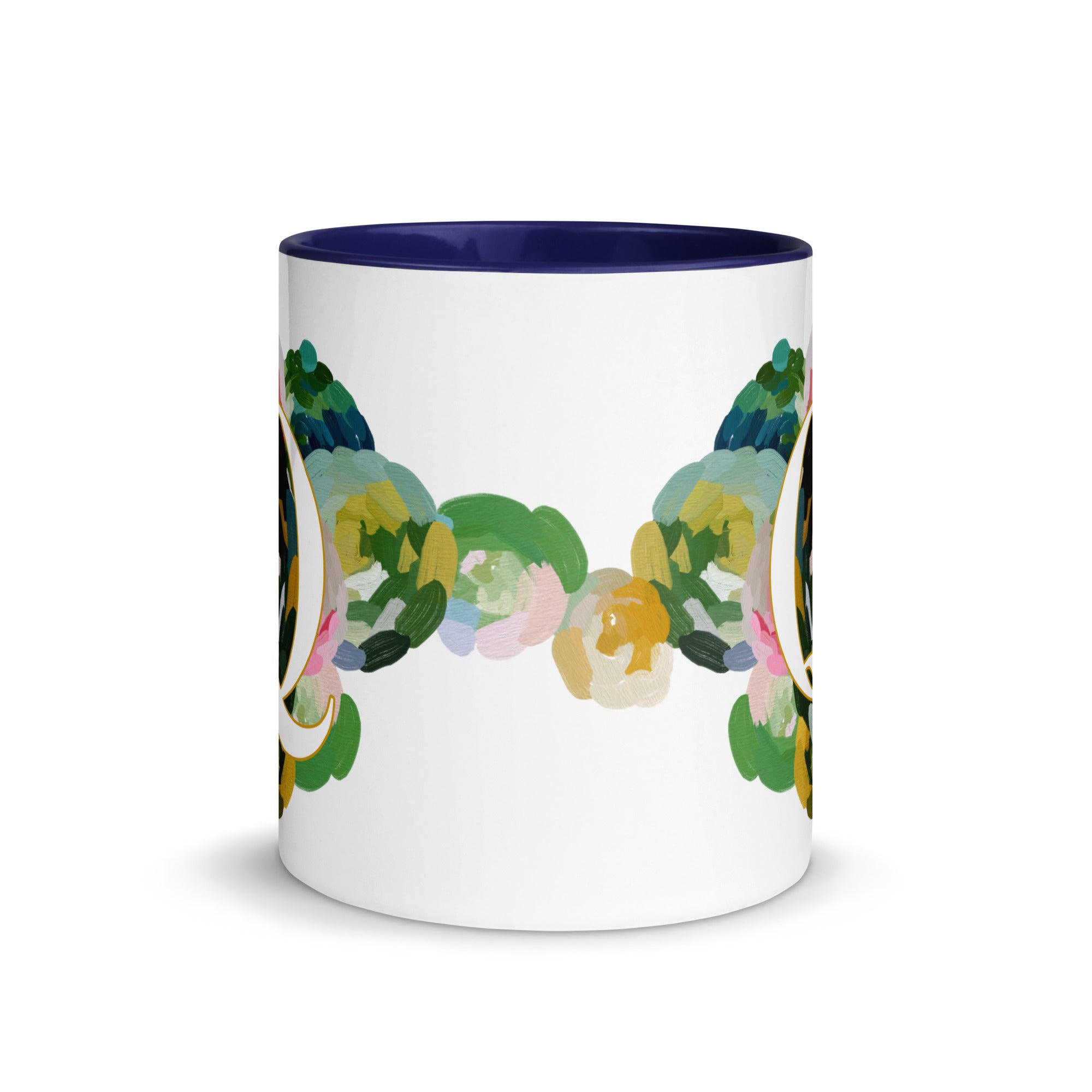 Blue Flowers Monogram Ceramic Mug - Letter Q - Pretty coffee and tea mug for flower lovers. Colored on the inside and the handle. Art by Parima Studio. Chic floral mug