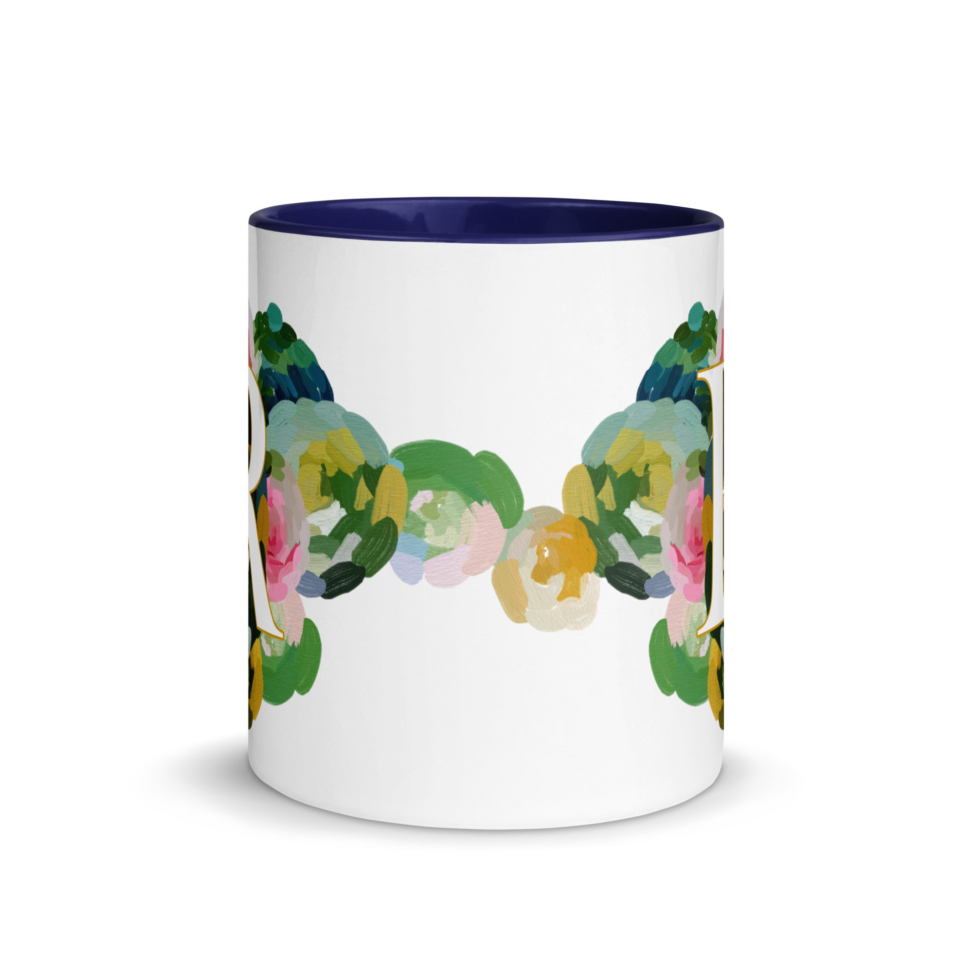Blue Flowers Monogram Ceramic Mug - Letter R - Pretty coffee and tea mug for flower lovers. Colored on the inside and the handle. Art by Parima Studio. Chic floral mug