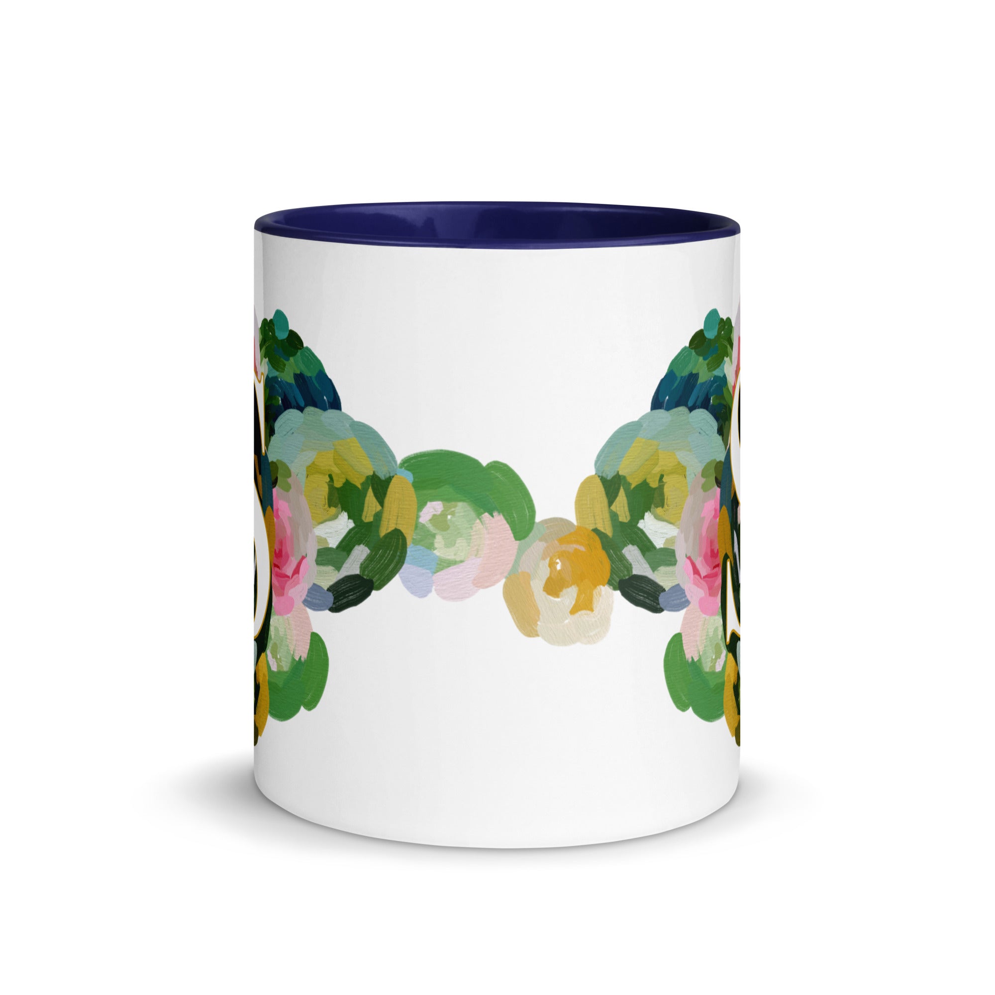 Blue Flowers Monogram Ceramic Mug - Letter S - Pretty coffee and tea mug for flower lovers. Colored on the inside and the handle. Art by Parima Studio. Chic floral mug