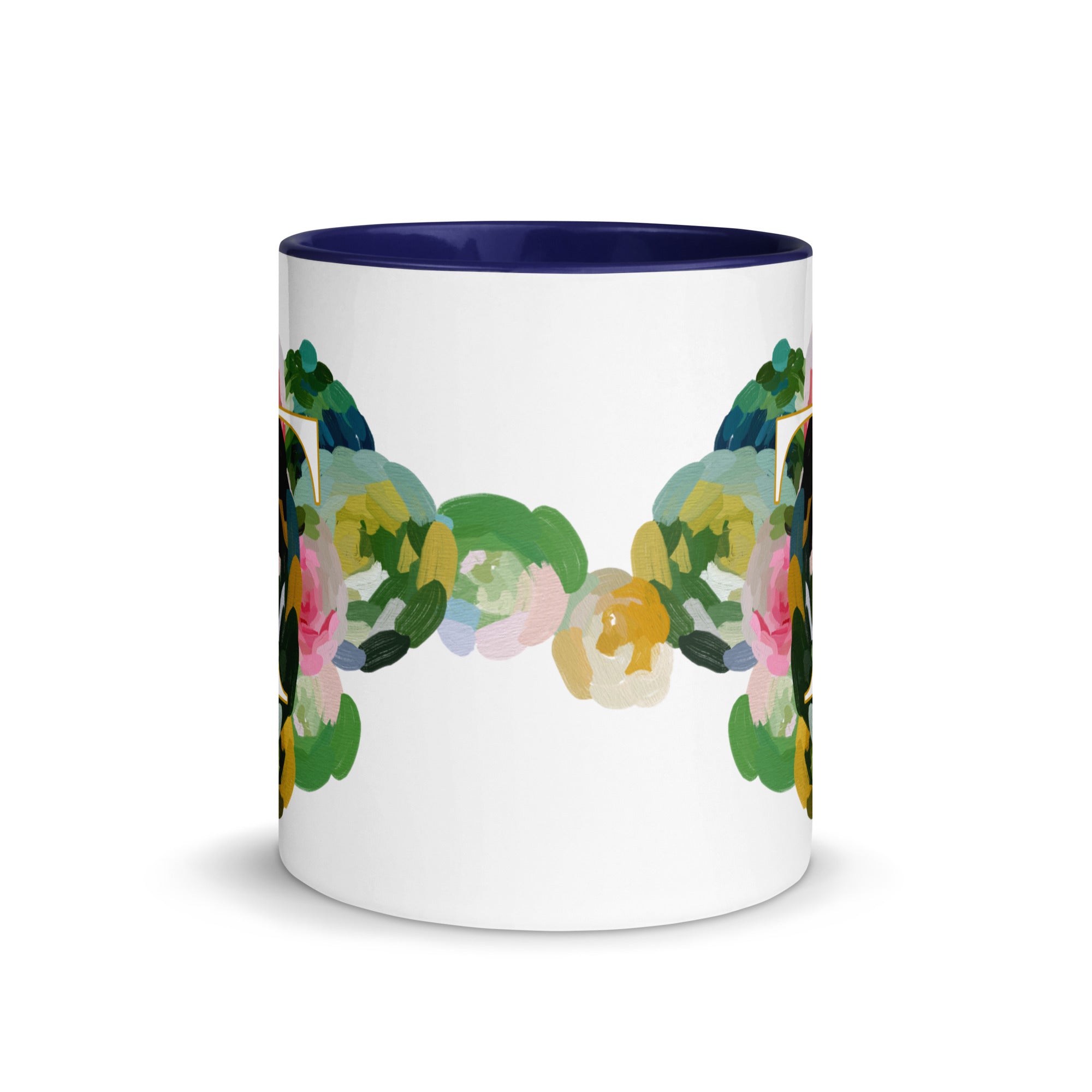 Blue Flowers Monogram Ceramic Mug - Letter T - Pretty coffee and tea mug for flower lovers. Colored on the inside and the handle. Art by Parima Studio. Chic floral mug