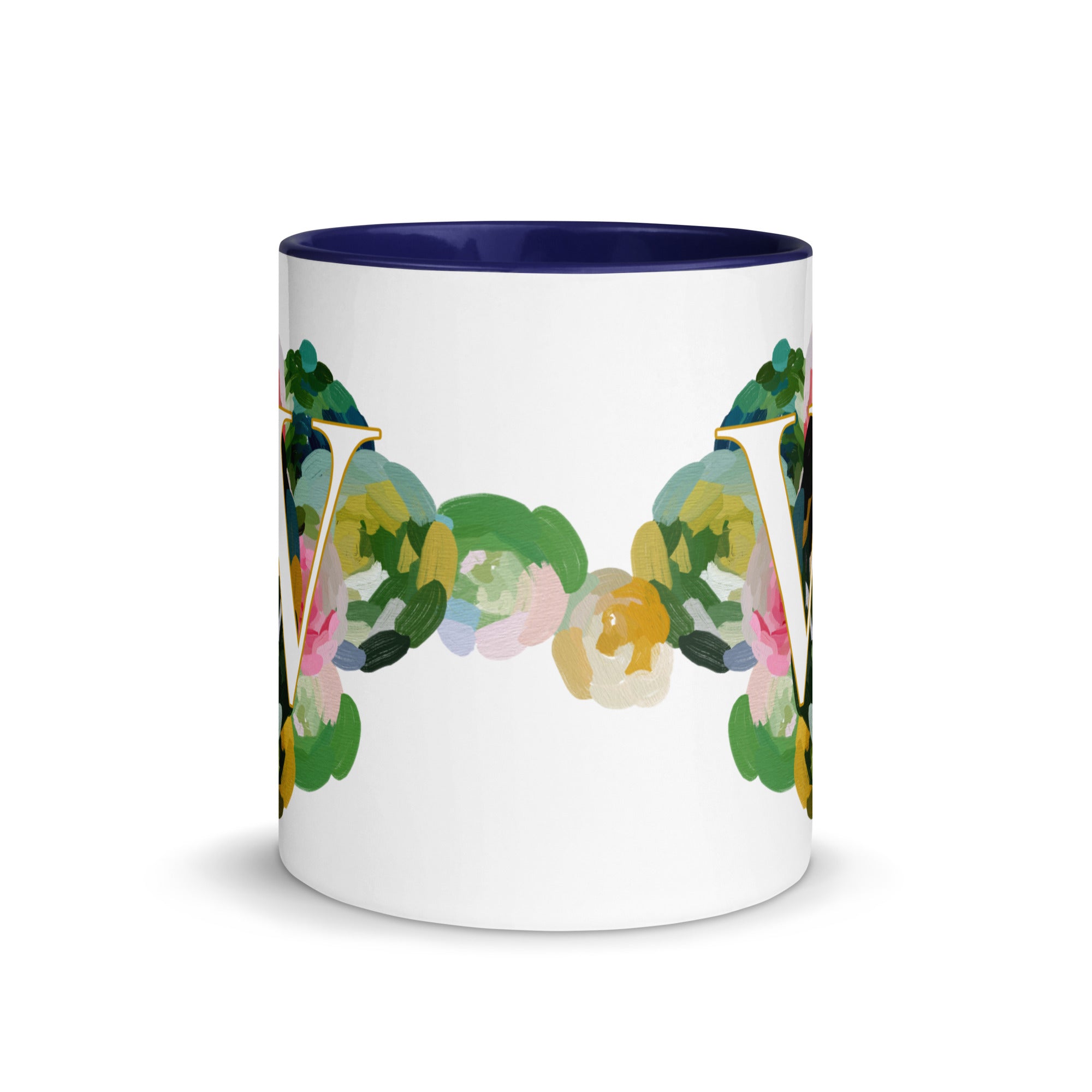 Blue Flowers Monogram Ceramic Mug - Letter W - Pretty coffee and tea mug for flower lovers. Colored on the inside and the handle. Art by Parima Studio. Chic floral mug