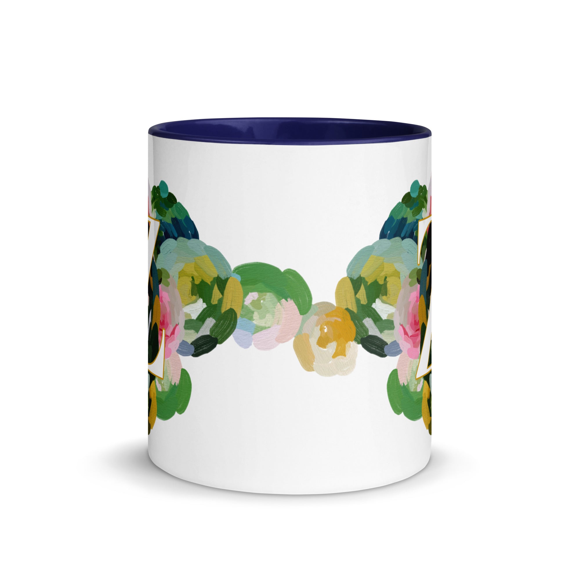 Blue Flowers Monogram Ceramic Mug - Letter Z - Pretty coffee and tea mug for flower lovers. Colored on the inside and the handle. Art by Parima Studio. Chic floral mug
