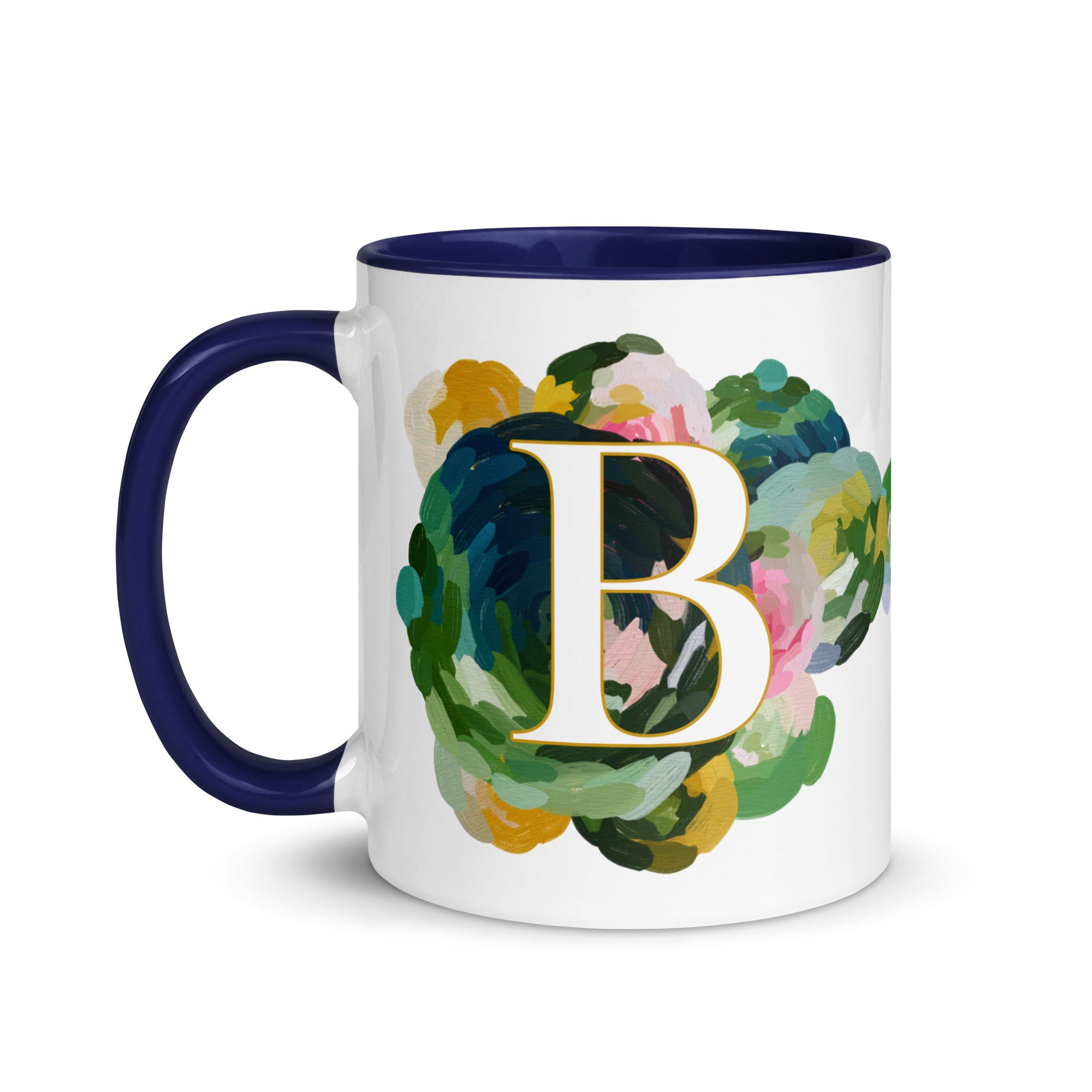 Blue Flowers Monogram Ceramic Mug - Letter B - Pretty coffee and tea mug for flower lovers. Colored on the inside and the handle. Art by Parima Studio. Chic floral mug