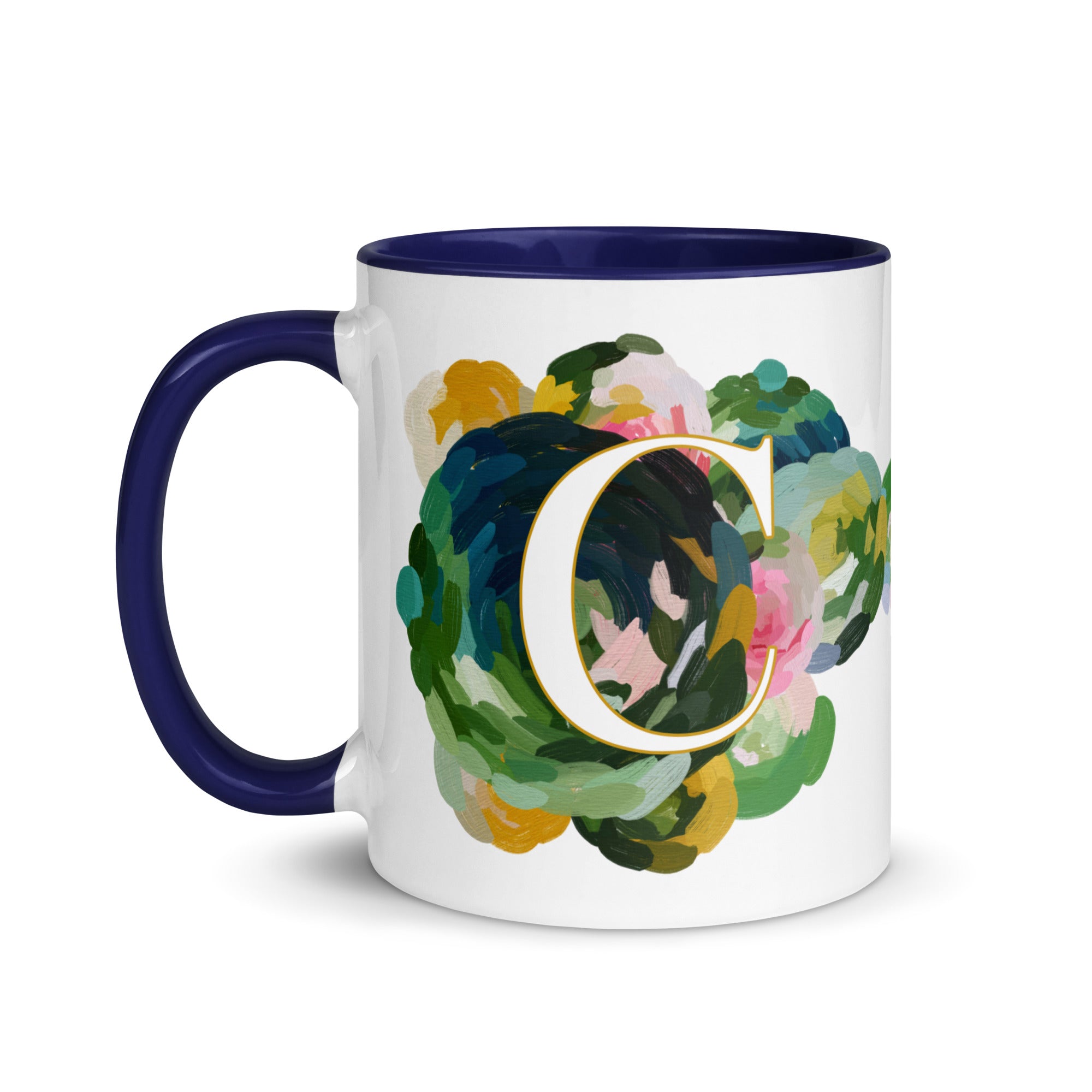 Blue Flowers Monogram Ceramic Mug - Letter C - Pretty coffee and tea mug for flower lovers. Colored on the inside and the handle. Art by Parima Studio. Chic floral mug