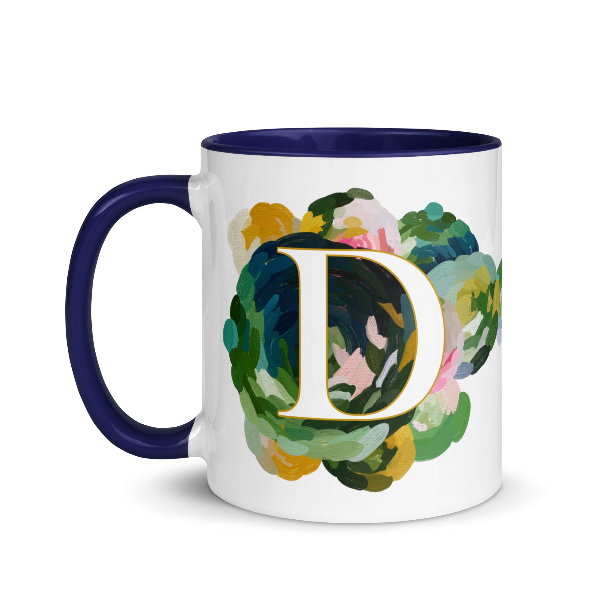 Blue Flowers Monogram Ceramic Mug - Letter D - Pretty coffee and tea mug for flower lovers. Colored on the inside and the handle. Art by Parima Studio. Chic floral mug