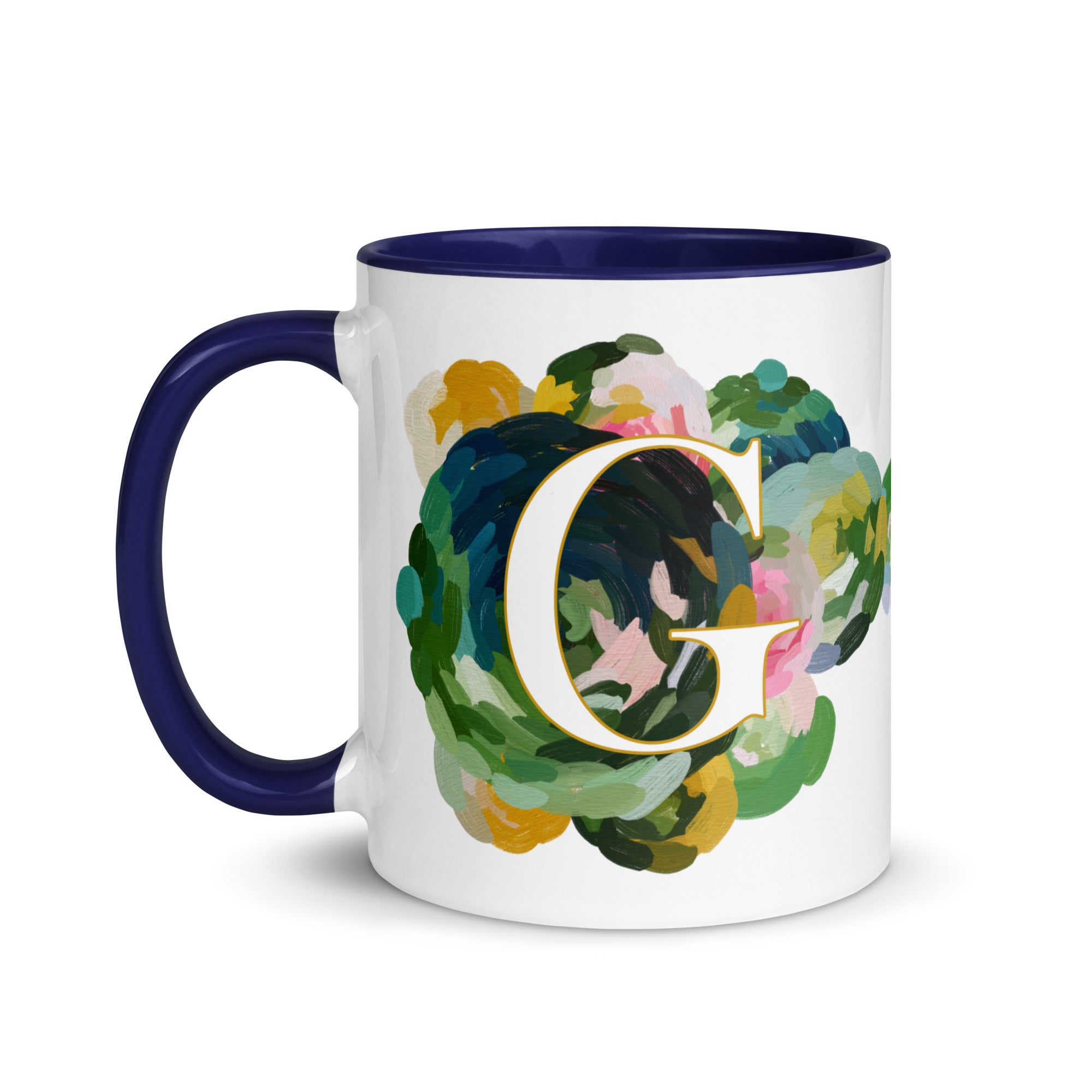 Blue Flowers Monogram Ceramic Mug - Letter G - Pretty coffee and tea mug for flower lovers. Colored on the inside and the handle. Art by Parima Studio. Chic floral mug