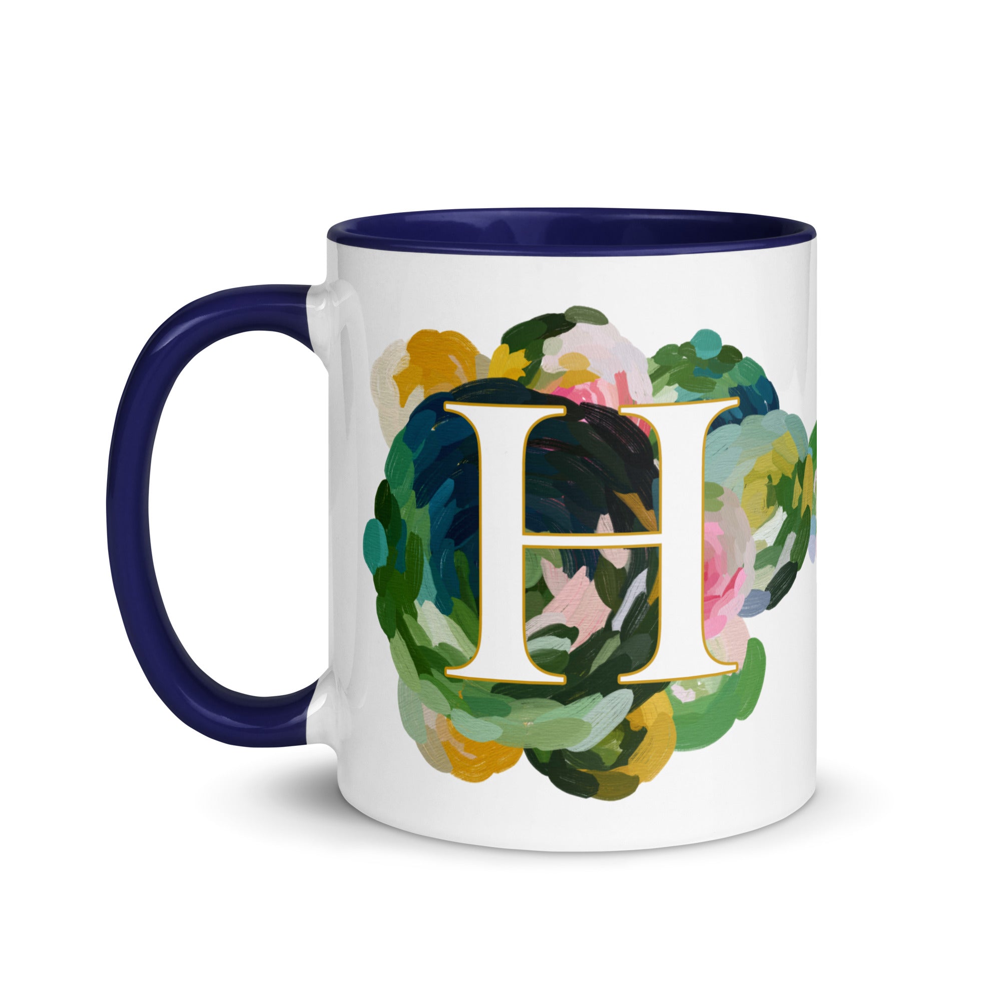 Blue Flowers Monogram Ceramic Mug - Letter H - Pretty coffee and tea mug for flower lovers. Colored on the inside and the handle. Art by Parima Studio. Chic floral mug