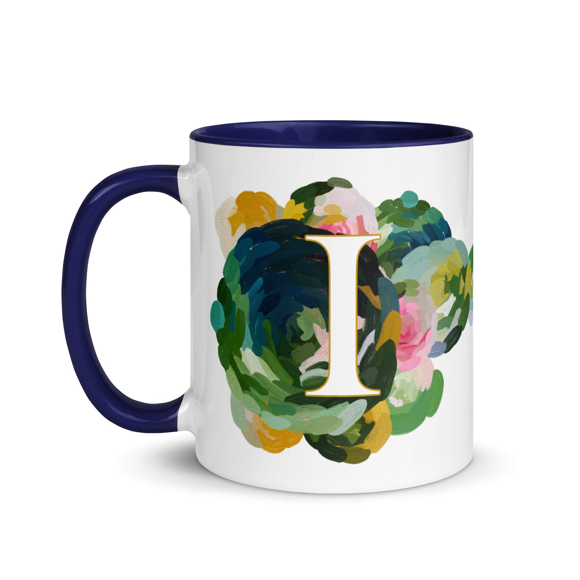 Blue Flowers Monogram Ceramic Mug - Letter I - Pretty coffee and tea mug for flower lovers. Colored on the inside and the handle. Art by Parima Studio. Chic floral mug