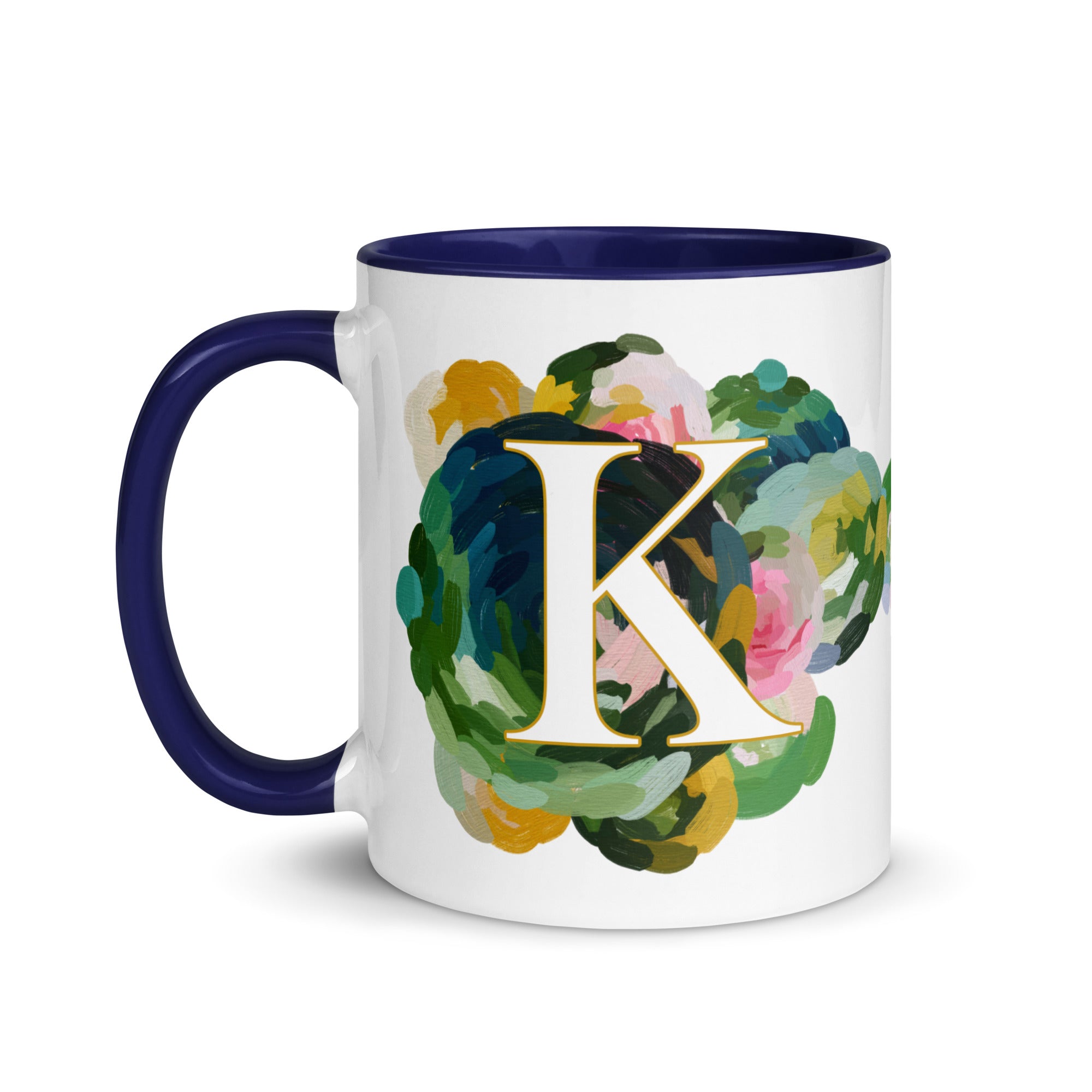 Blue Flowers Monogram Ceramic Mug - Letter K - Pretty coffee and tea mug for flower lovers. Colored on the inside and the handle. Art by Parima Studio. Chic floral mug