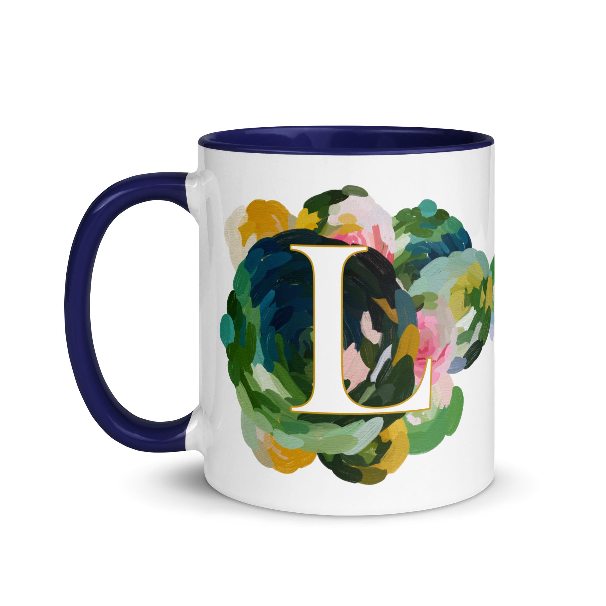Blue Flowers Monogram Ceramic Mug - Letter L - Pretty coffee and tea mug for flower lovers. Colored on the inside and the handle. Art by Parima Studio. Chic floral mug