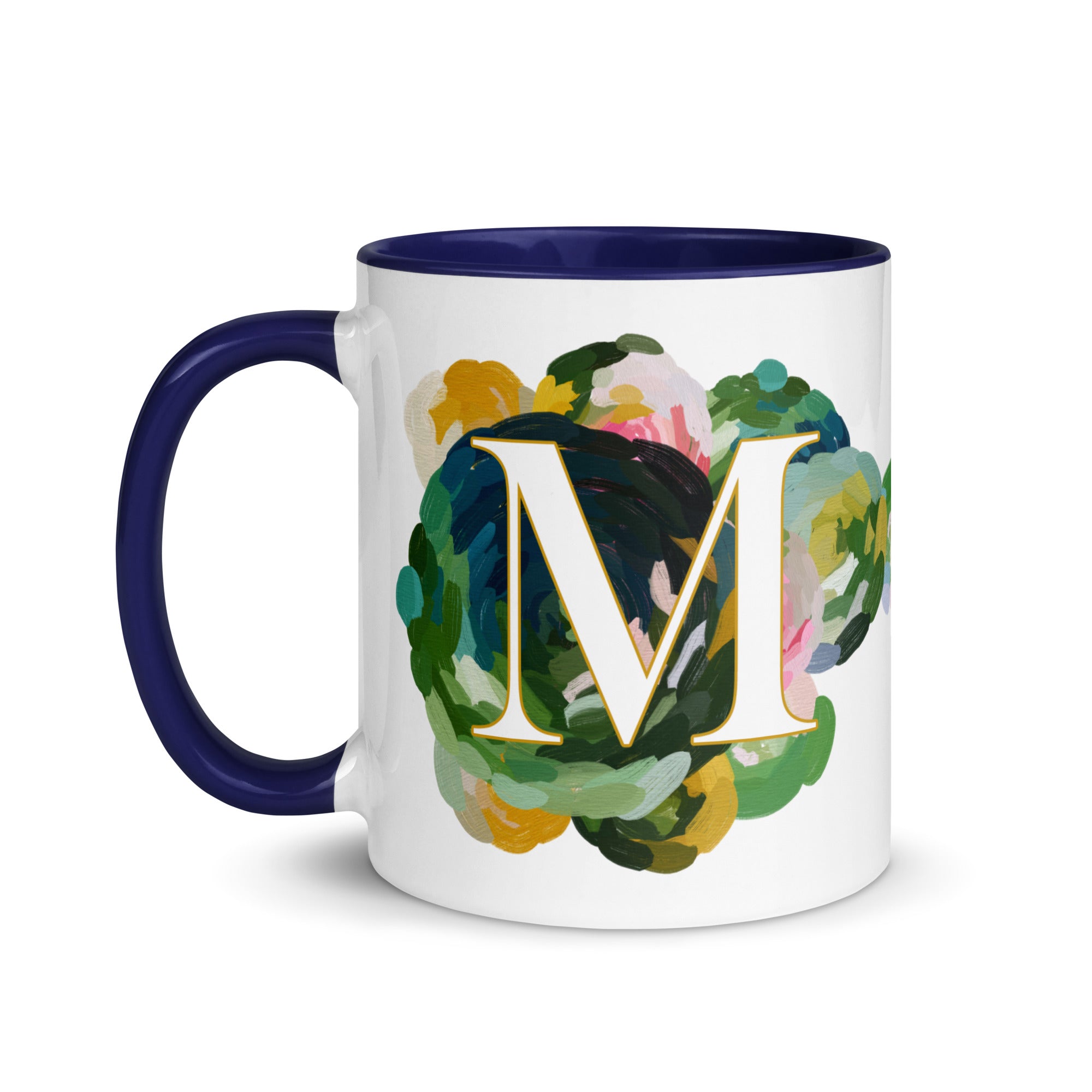 Blue Flowers Monogram Ceramic Mug - Letter M - Pretty coffee and tea mug for flower lovers. Colored on the inside and the handle. Art by Parima Studio. Chic floral mug