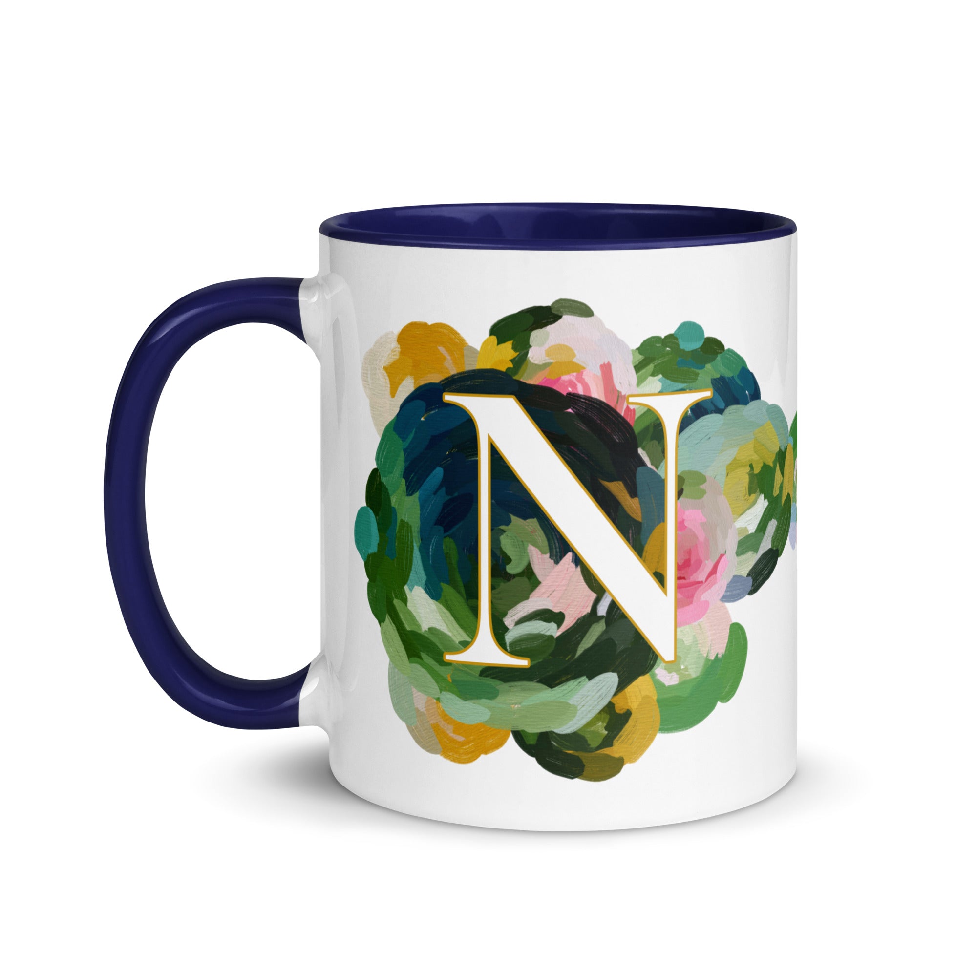 Blue Flowers Monogram Ceramic Mug - Letter N - Pretty coffee and tea mug for flower lovers. Colored on the inside and the handle. Art by Parima Studio. Chic floral mug