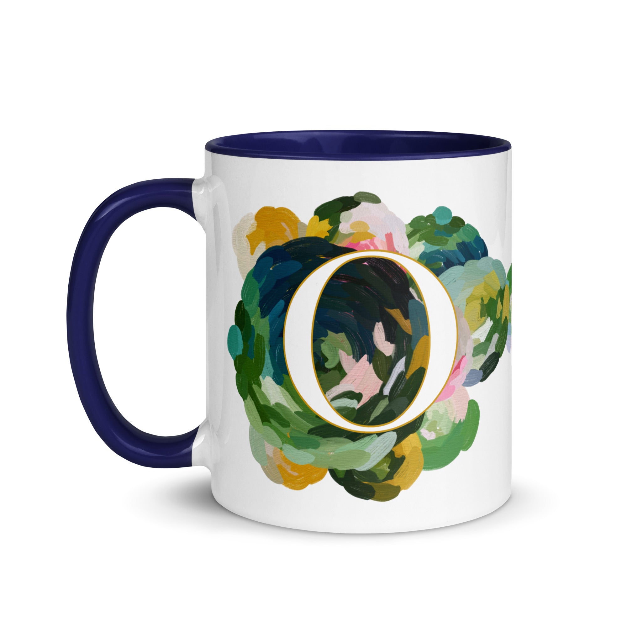 Blue Flowers Monogram Ceramic Mug - Letter O - Pretty coffee and tea mug for flower lovers. Colored on the inside and the handle. Art by Parima Studio. Chic floral mug