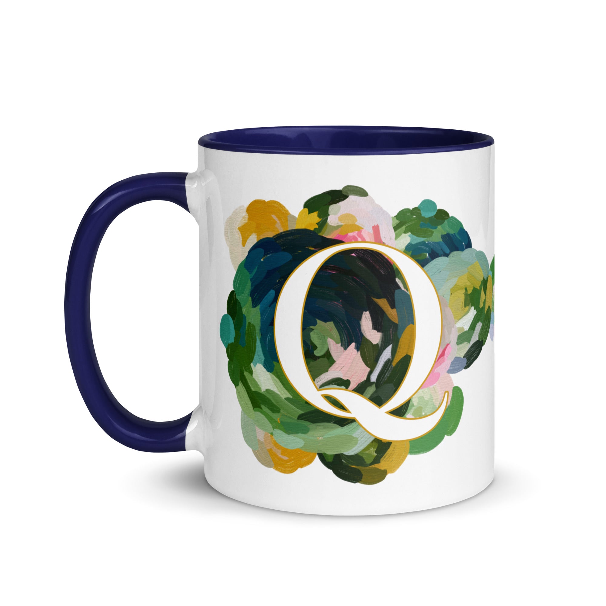 Blue Flowers Monogram Ceramic Mug - Letter Q - Pretty coffee and tea mug for flower lovers. Colored on the inside and the handle. Art by Parima Studio. Chic floral mug